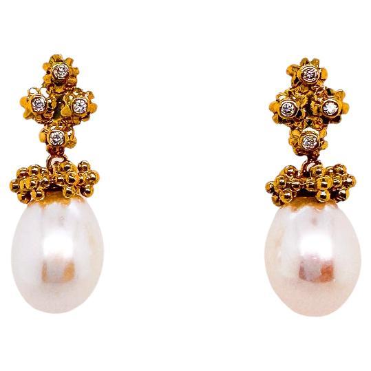 Flora Cluster Earrings - 18ct yellow gold diamond and pearl flower clusters For Sale