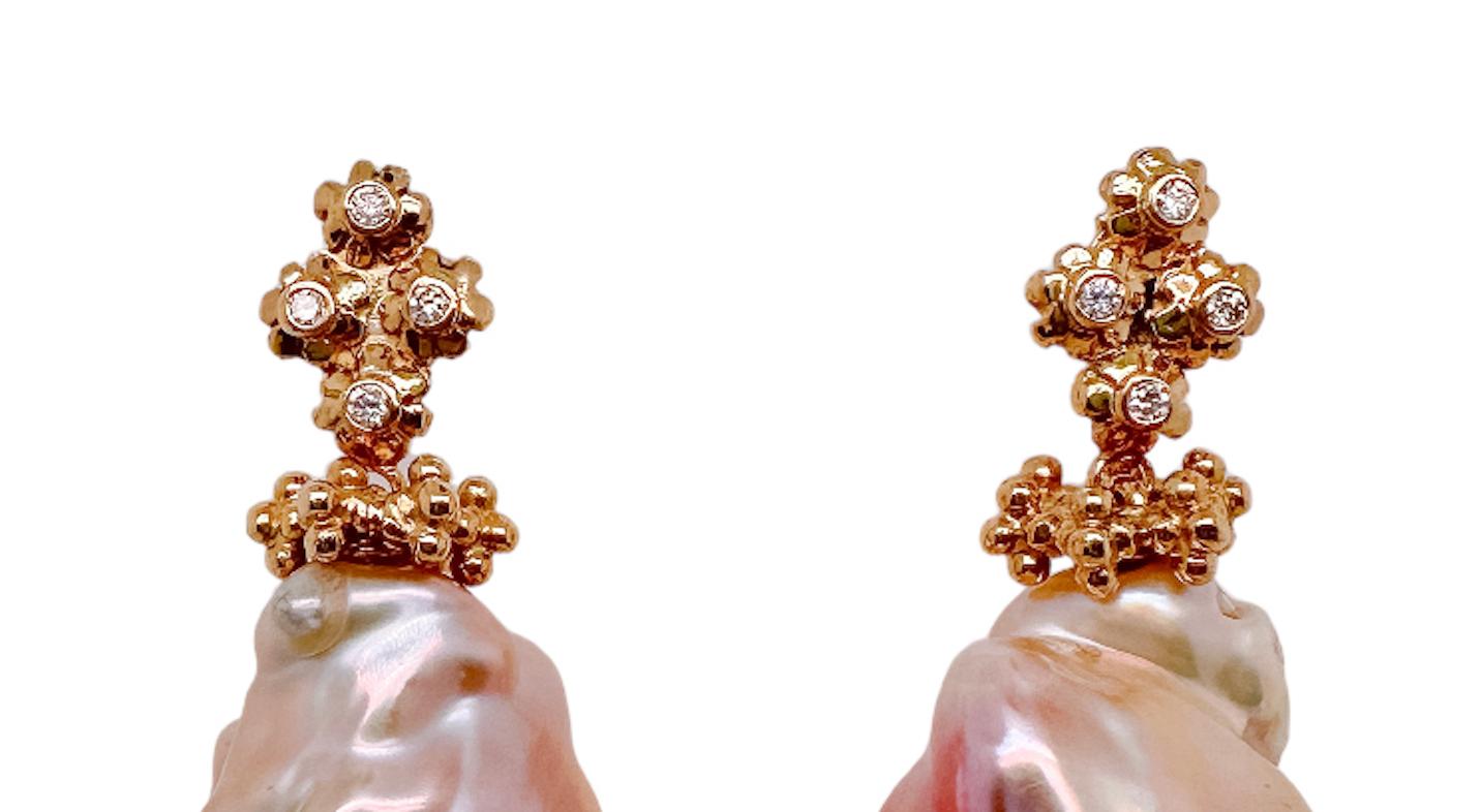 New Flora Earrings - 18ct yellow gold flower cluster tops set with brilliant white diamonds with large pink baroque pearl drops. Ear posts and butterflies provided for attachment