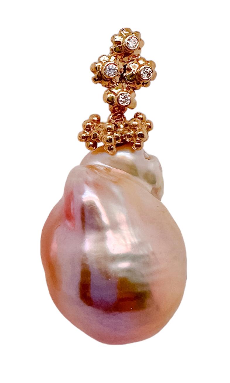 Contemporary Flora Cluster Earrings - 18ct yellow gold with pink Baroque pearl drops For Sale