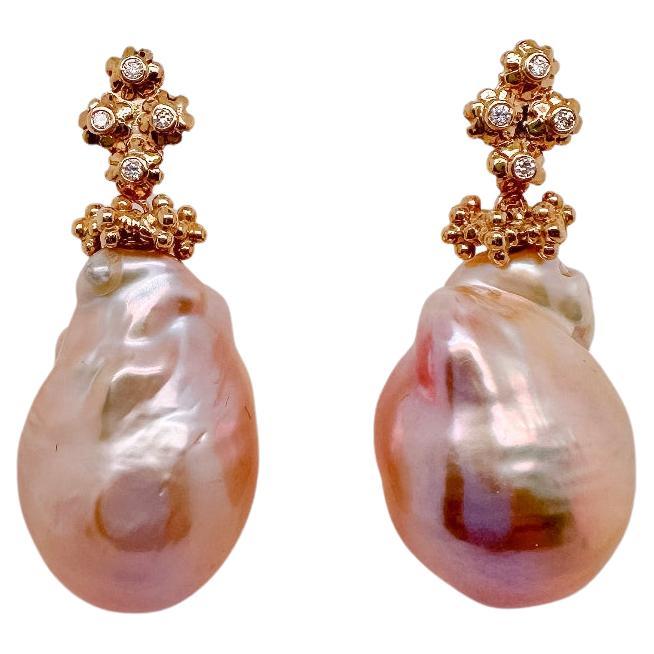 Flora Cluster Earrings - 18ct yellow gold with pink Baroque pearl drops For Sale