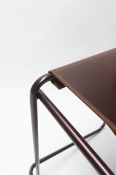 Flora Counter Stool in Brown Leather and Bronzed Steel by Steven Bukowski