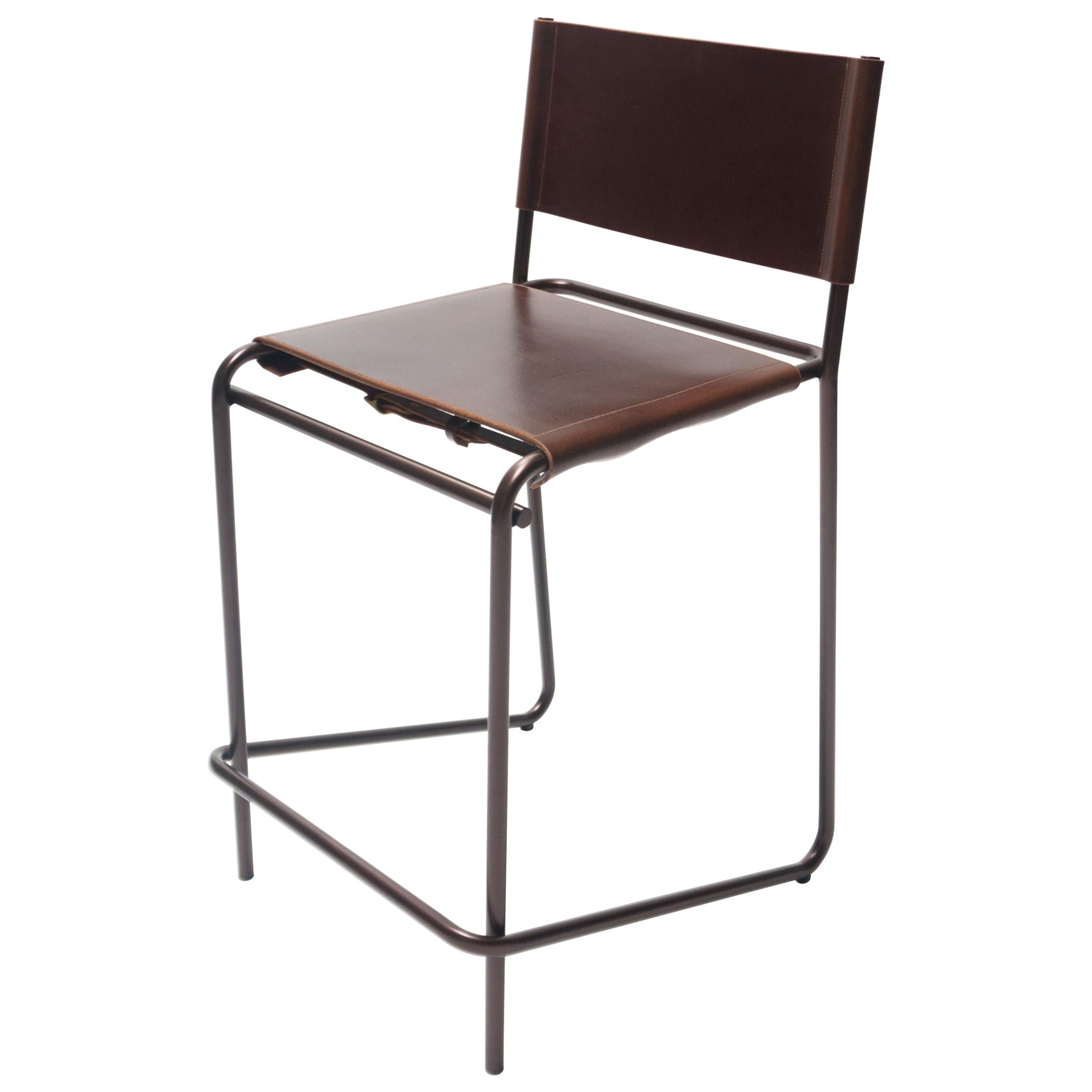 Flora Counter Stool in Brown Leather and Bronzed Steel by Steven Bukowski For Sale