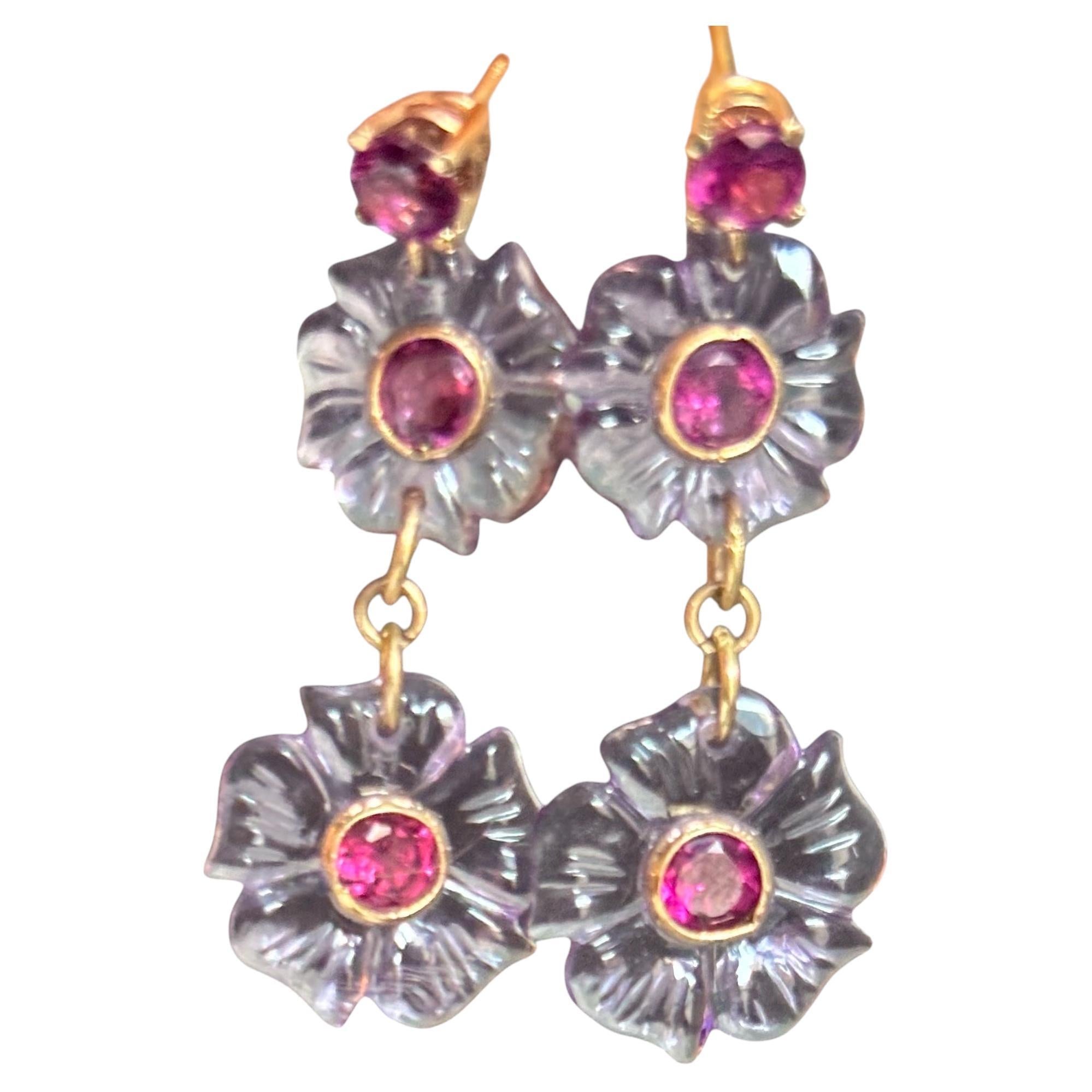 FLORA DANGLE EARRINGS, AMETHYST CARVED FLOWERS with RHODOLITE GARNETS & 14K GOLD
