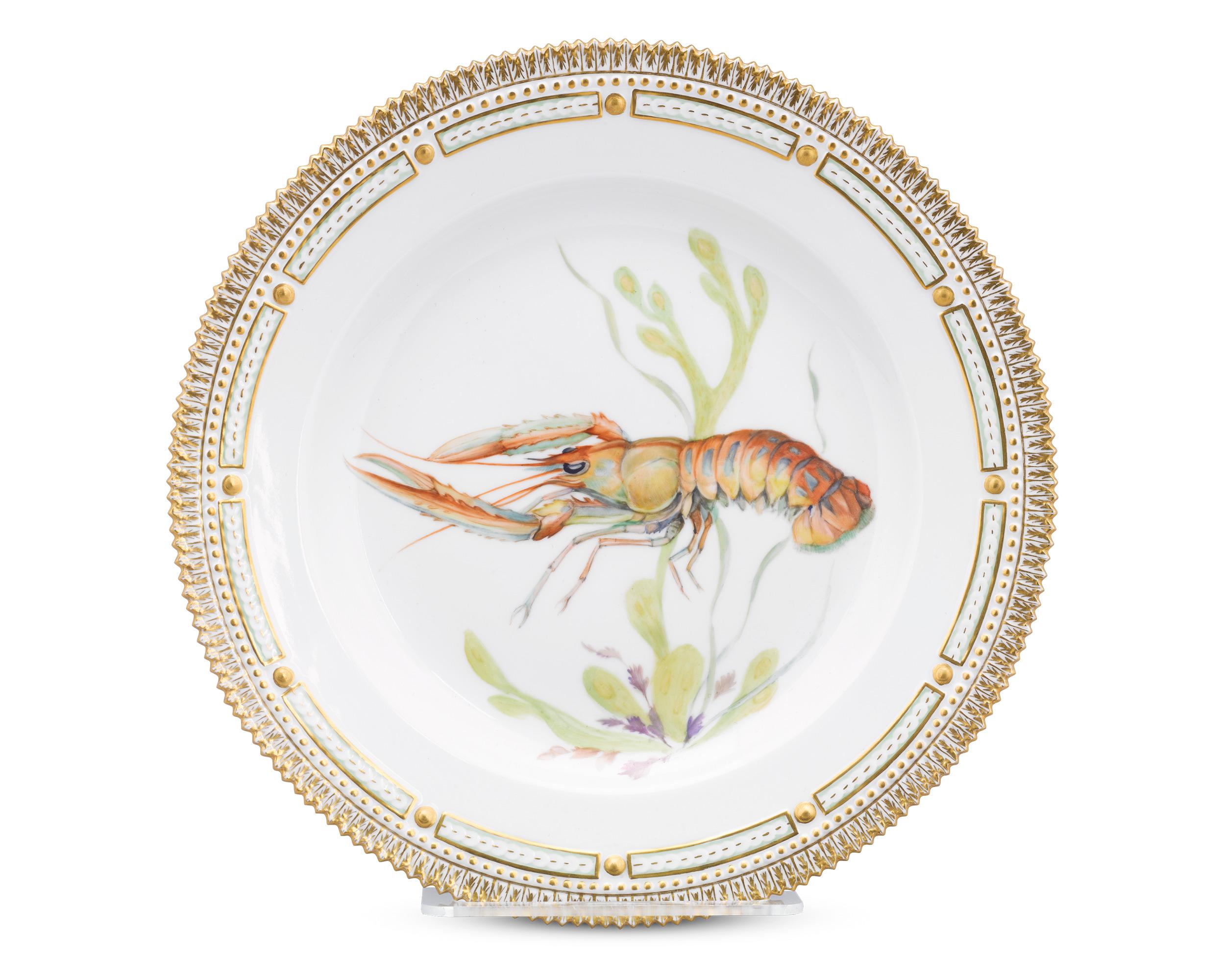 The impeccable artistry of Royal Copenhagen’s Flora Danica porcelain is on display in this rare crustacean plate. Flora Danica is widely celebrated for the motif’s highly detailed illustrations of native flowers of Denmark. However, this plate