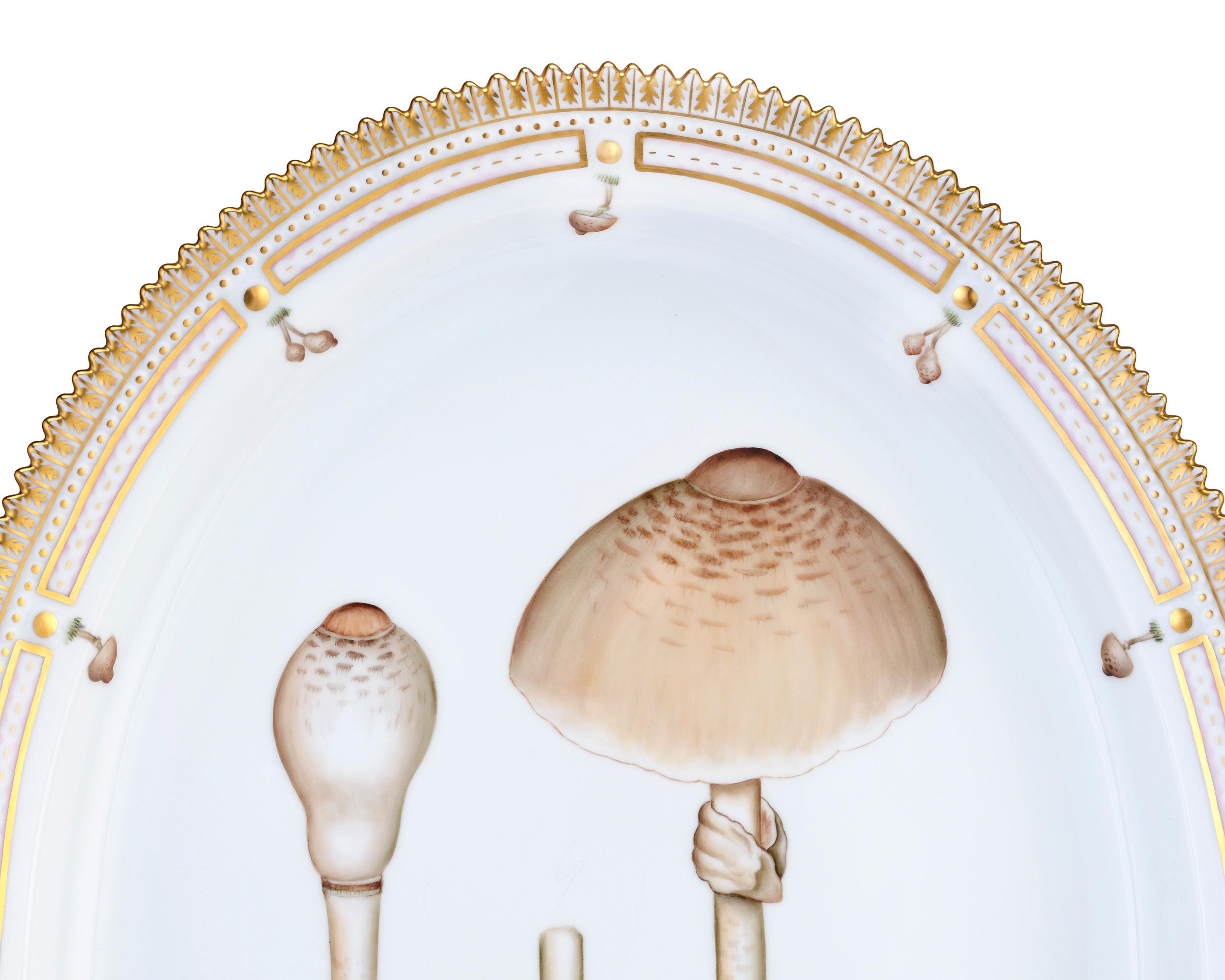 This rare Royal Copenhagen porcelain platter was custom-crafted in the famed Flora Danica Fungi pattern. Flora Danica is known worldwide for its extraordinary illustrations of native flowers of Denmark, but this dish is part of a very special series