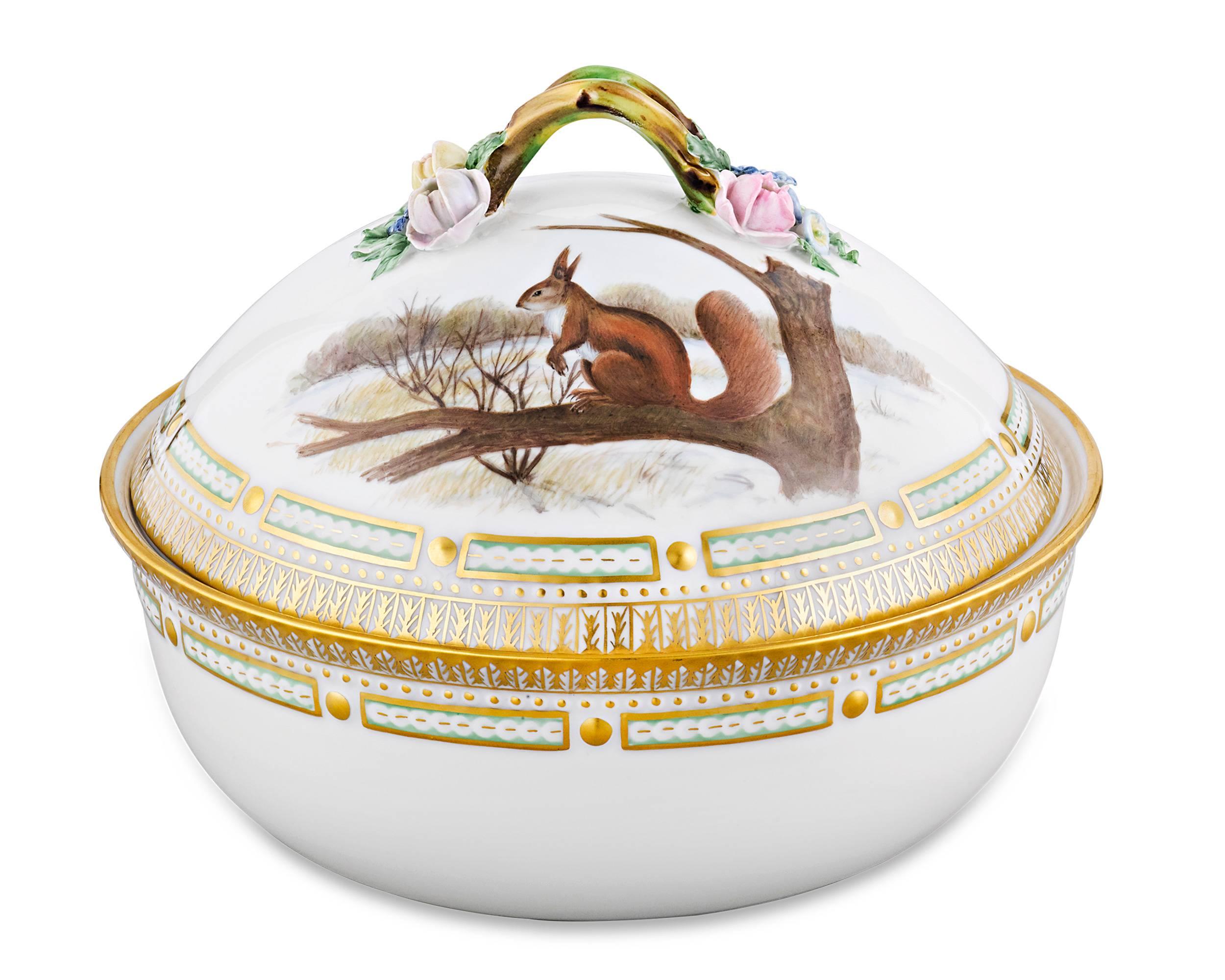 This covered porcelain vegetable dish is part of the exceptionally rare Flora Danica Game Series by the renowned Royal Copenhagen. Flora Danica is known worldwide for its intricate and highly detailed illustrations of the native flowers of Denmark.