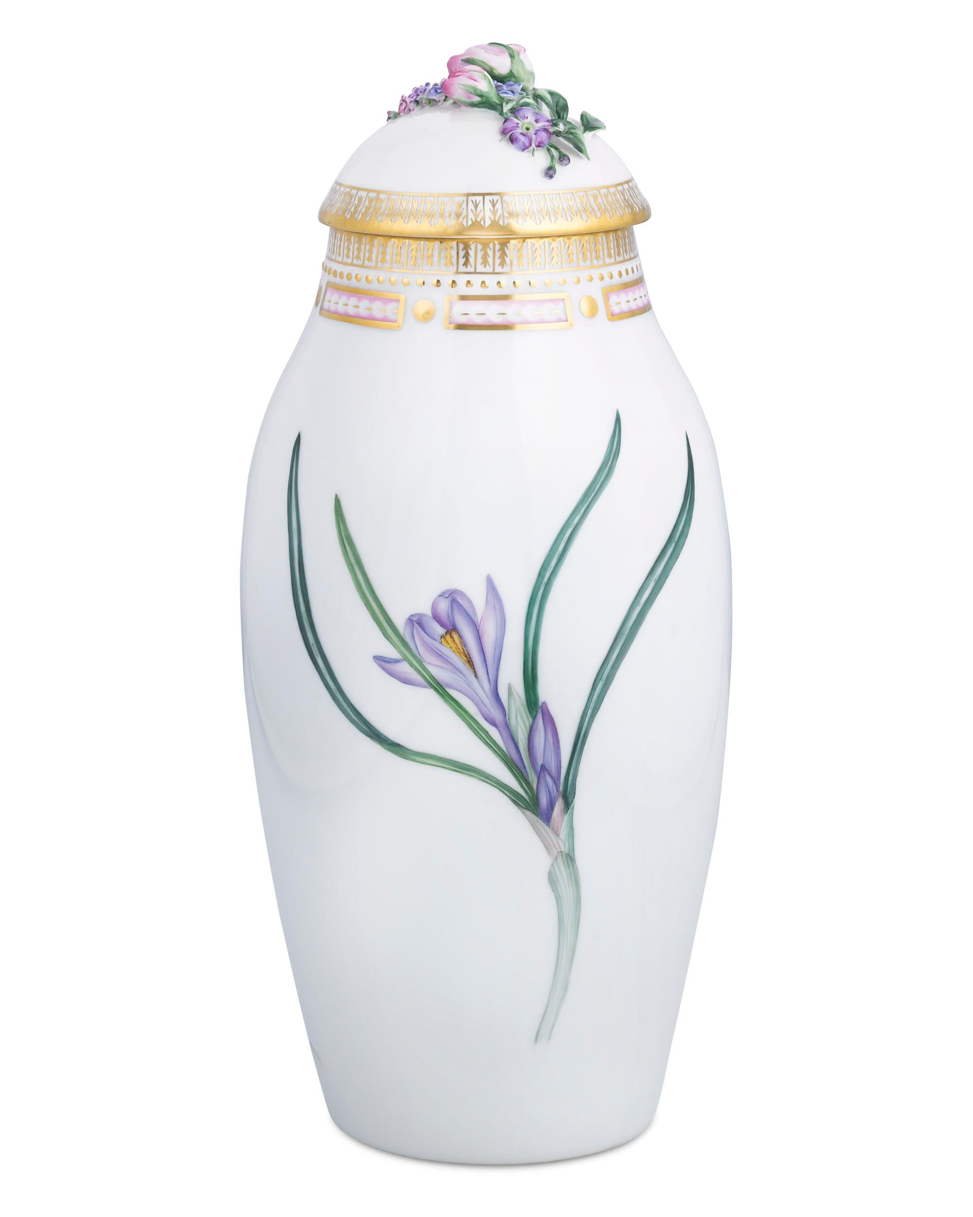 Crafted by Royal Copenhagen, this lidded ginger jar features one of the most prestigious porcelain patterns ever produced — the coveted Flora Danica pattern. The jar is rarity in the Flora Danica catalog in that it displays not one, but three