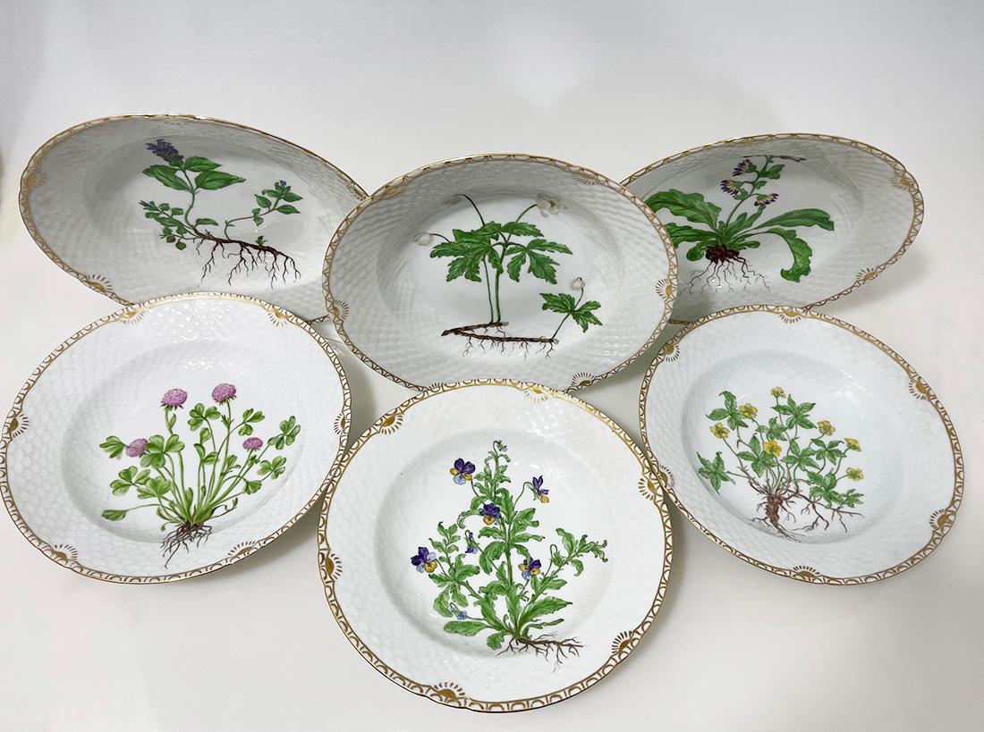 Assiettes creuses en porcelaine Flora Danica de Bing & Grøndahl, Danemark 1926, 1927, 1929

Assiettes creuses en porcelaine de Bing & Grøndahl peintes à la main par Frida Meyer (Gluud) 
Ensemble de six assiettes creuses en porcelaine, une de 1926,