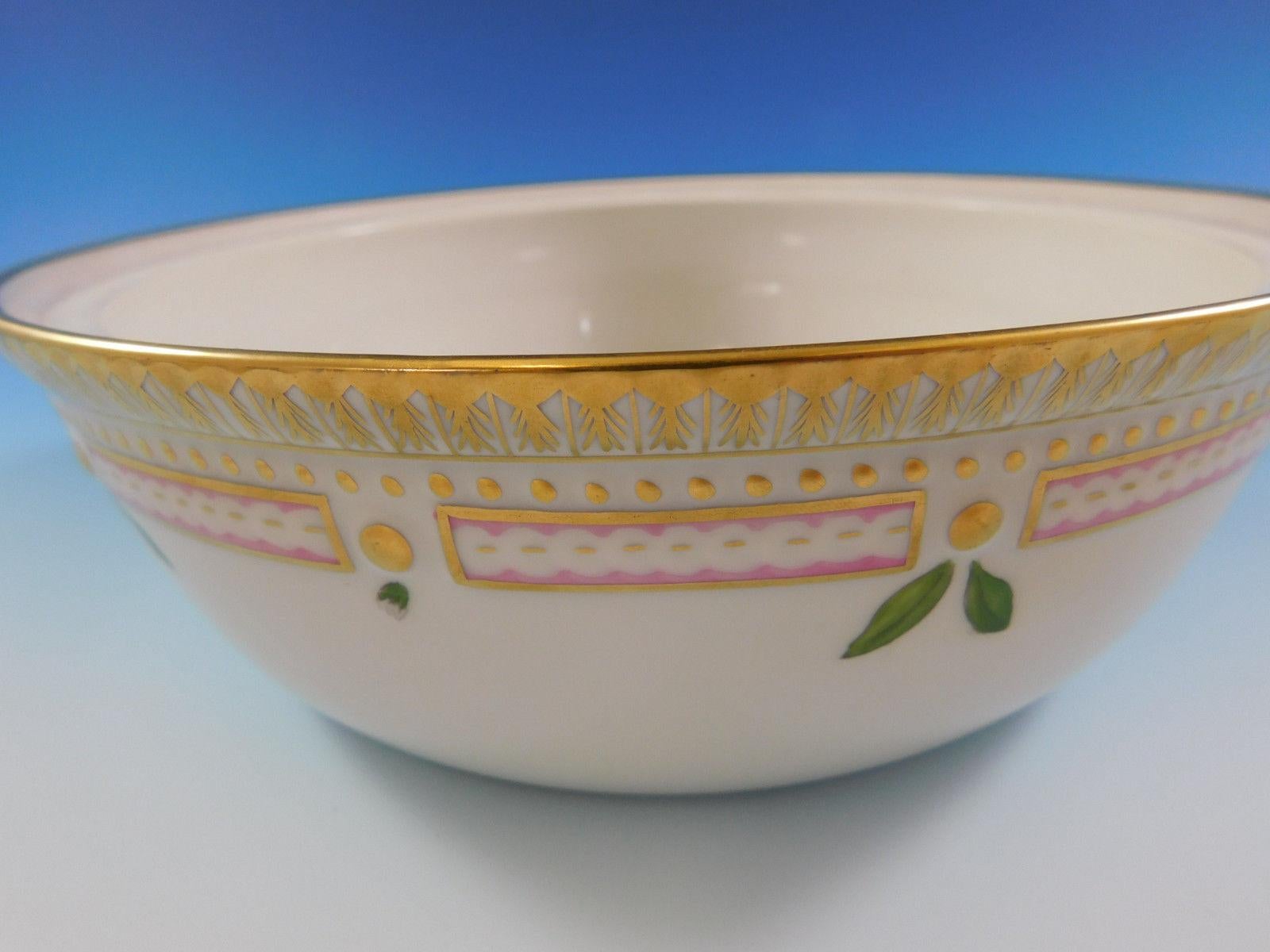 
Flora Danica Porcelian - Covered dish this exceptional estate porcelain round covered vegetable dish has naturalistic yellow flowers on the lid as well as a branch handle with three-dimensional applied flowers. There is a small chip on a petal of