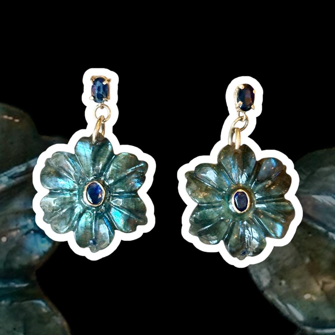 Brilliant Cut FLORA EARRINGS, labradorite, blue sapphires and 14k gold For Sale