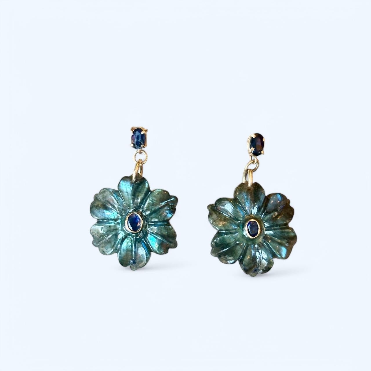 FLORA EARRINGS, labradorite, blue sapphires and 14k gold In New Condition For Sale In New York, NY