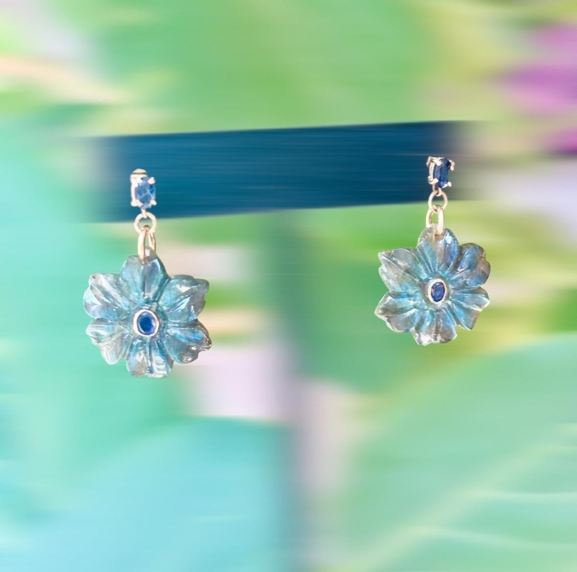 Women's or Men's FLORA EARRINGS, labradorite, blue sapphires and 14k gold For Sale