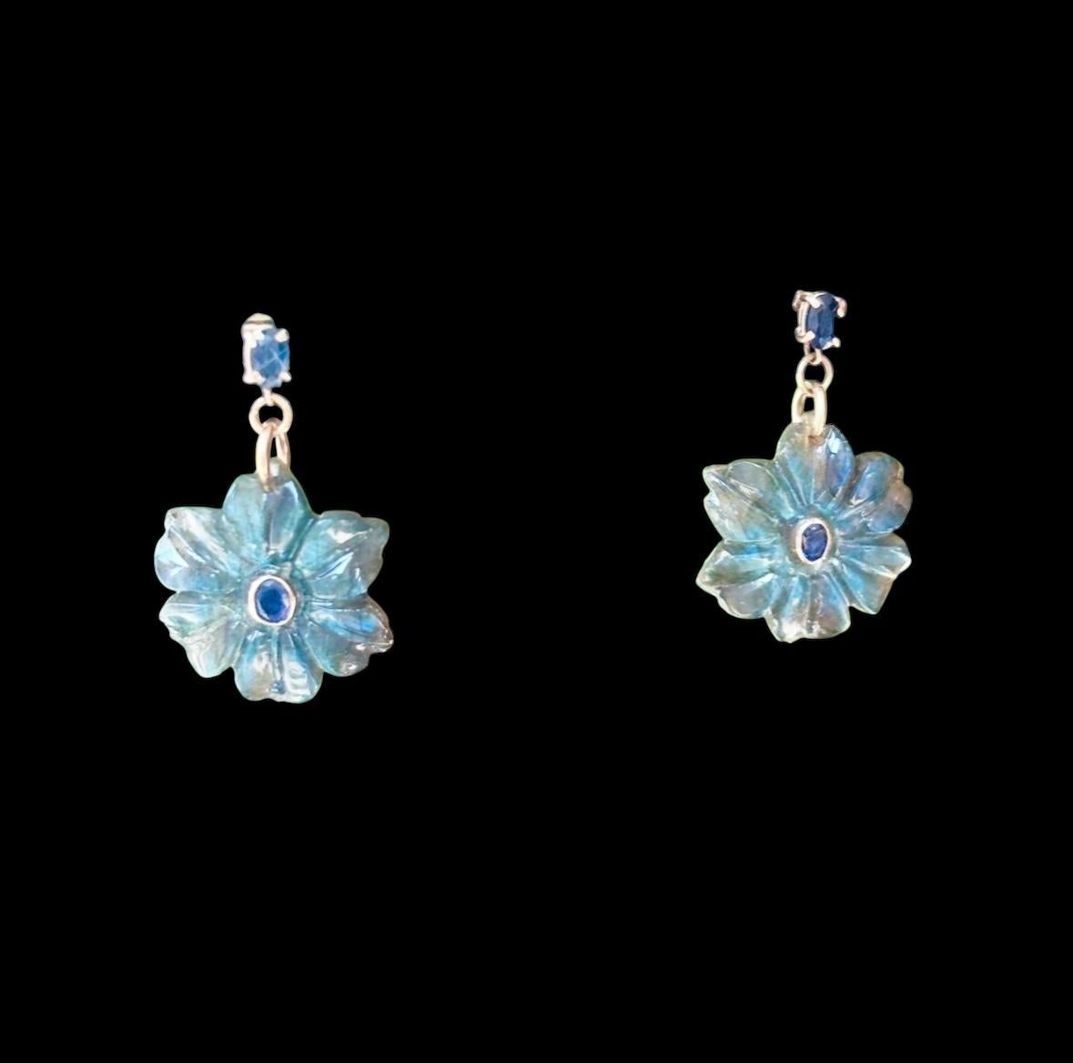 FLORA EARRINGS, labradorite, blue sapphires and 14k gold For Sale 2