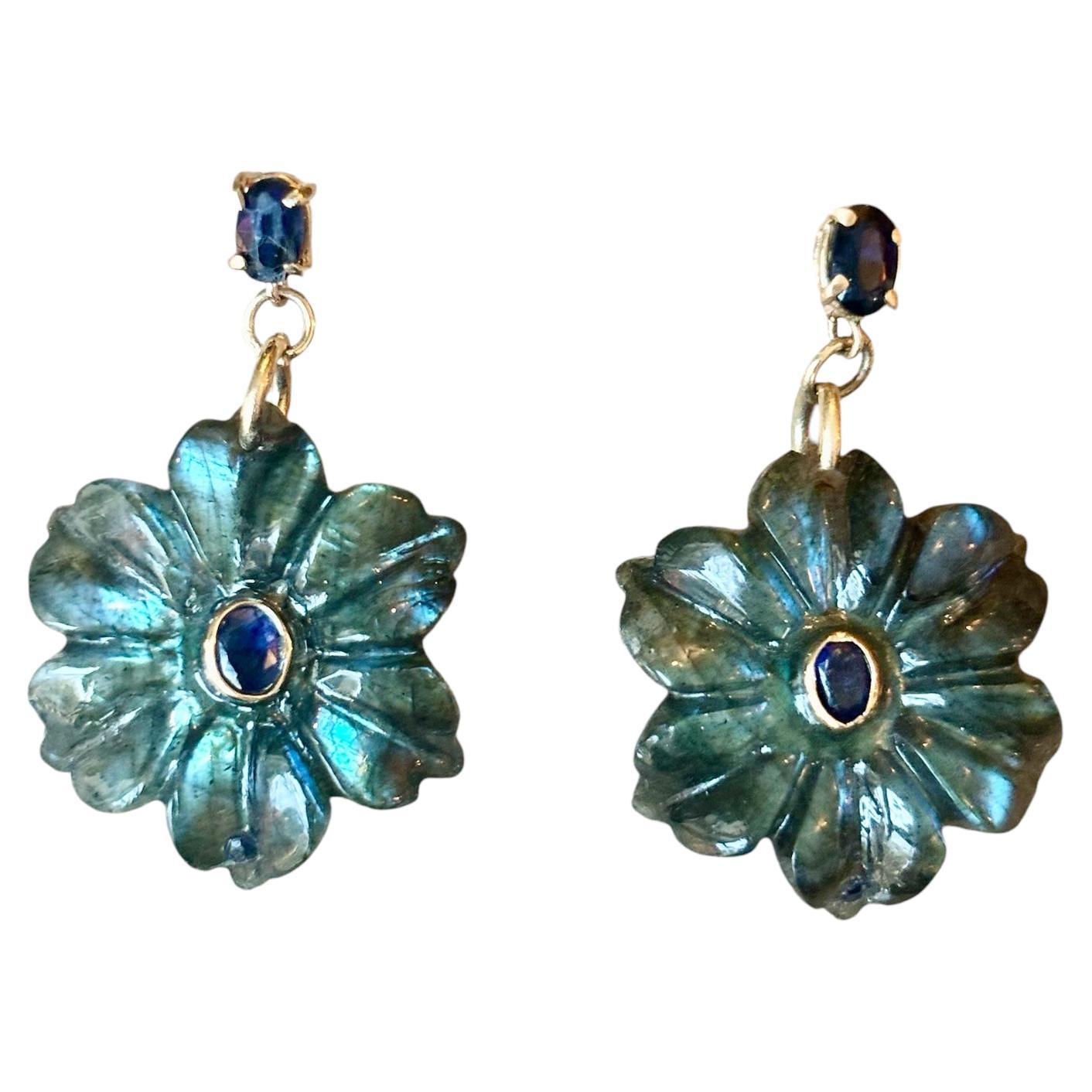 FLORA EARRINGS, labradorite, blue sapphires and 14k gold For Sale