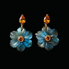 FLORA Earrings, Labradorite Flowers with Mandarin Garnets, Diamonds & 14k Gold