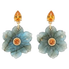 FLORA Earrings, Labradorite Flowers with Mandarin Garnets, Diamonds & 14k Gold