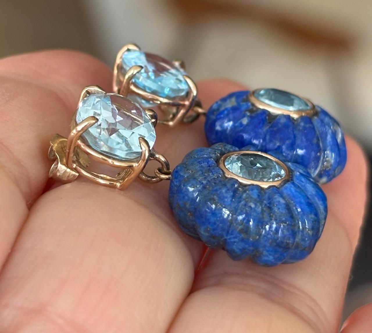 Contemporary FLORA EARRINGS, Lapis Lazuli , Blue Topaz and 14k Gold For Sale