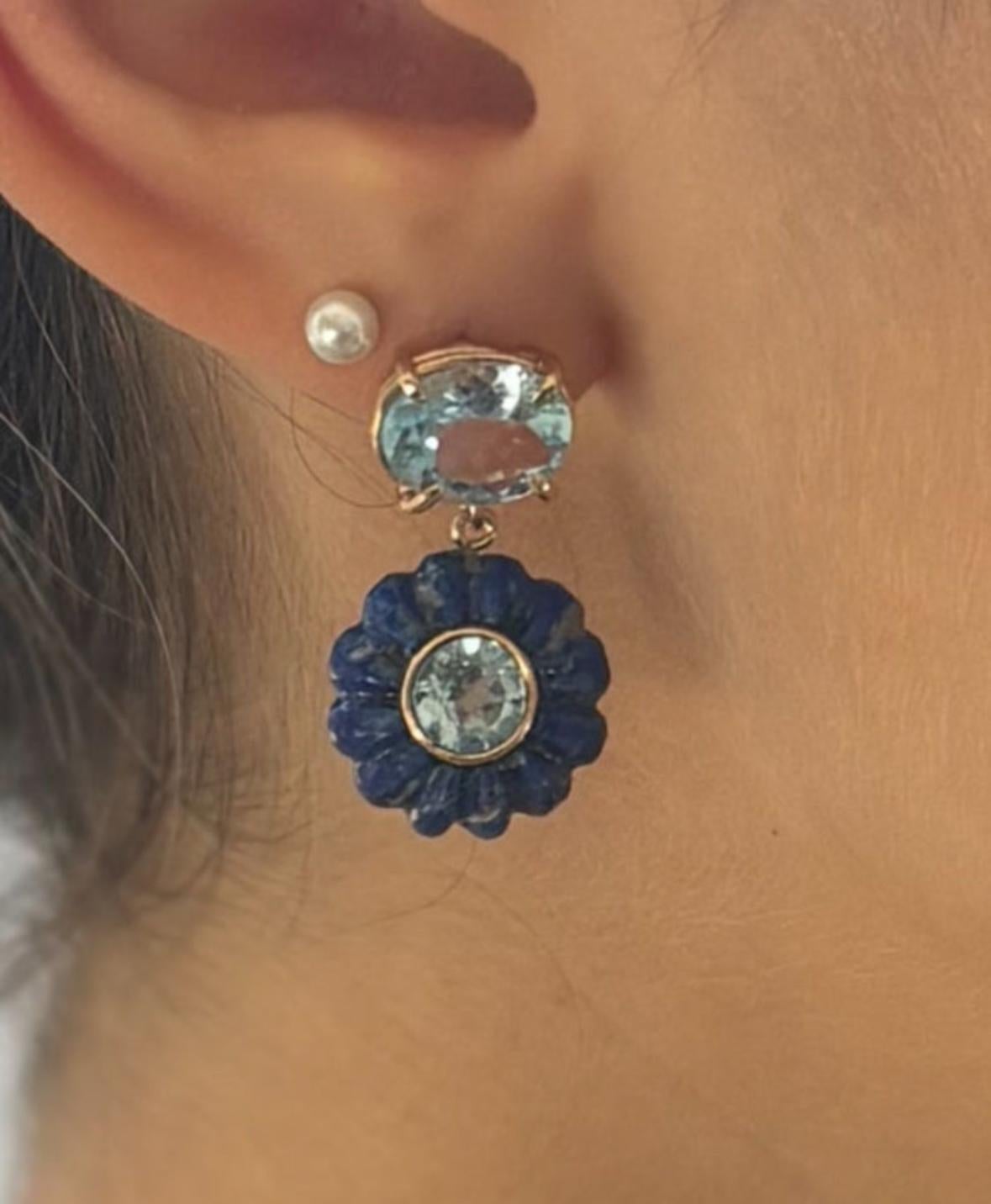 FLORA EARRINGS, Lapis Lazuli , Blue Topaz and 14k Gold In New Condition For Sale In New York, NY