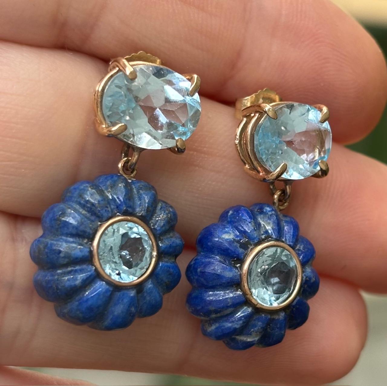 Women's or Men's FLORA EARRINGS, Lapis Lazuli , Blue Topaz and 14k Gold For Sale