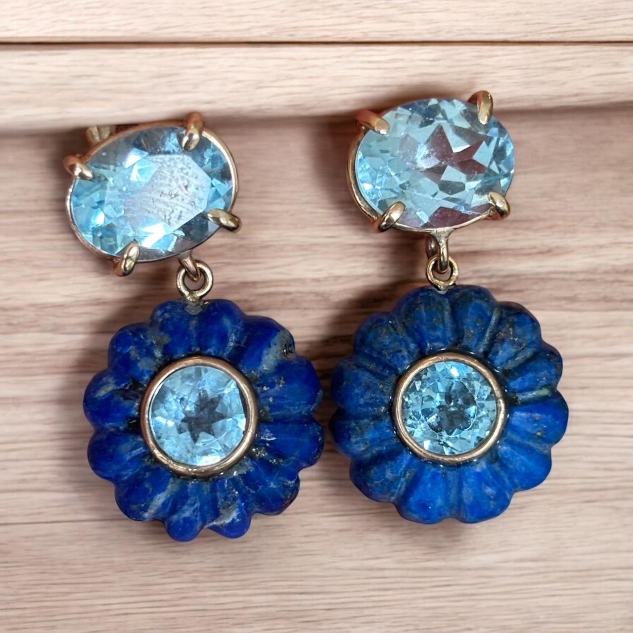 FLORA EARRINGS, Lapis Lazuli , Blue Topaz and 14k Gold For Sale 2