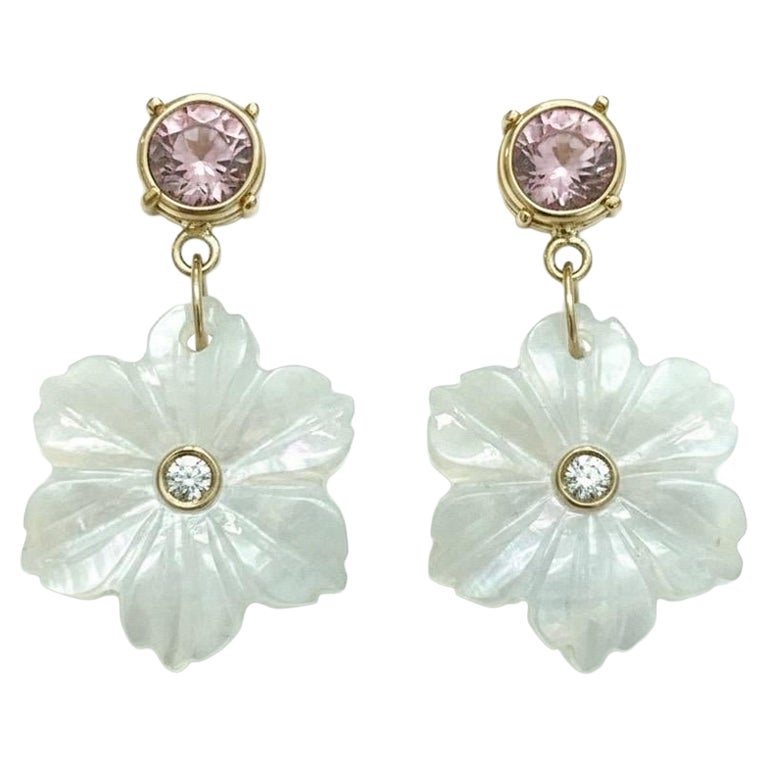 FLORA Earrings, Moonstone Flowers with Pink Tourmaline, Diamonds & 14k Gold