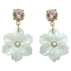 FLORA Earrings, Moonstone Flowers with Pink Tourmaline, Diamonds & 14k Gold
