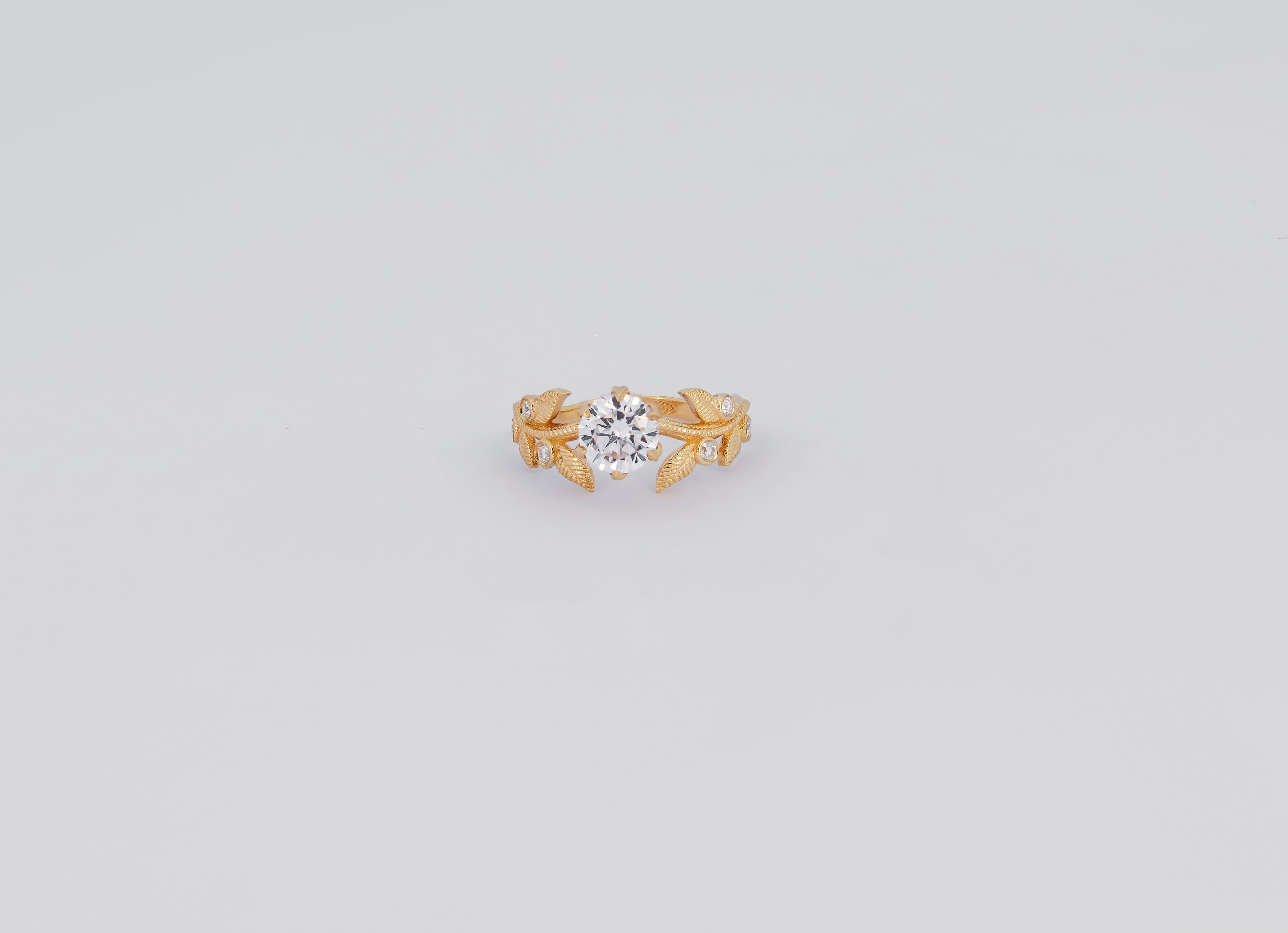 Modern Flora engagement ring with with round moissanite in 14k gold For Sale