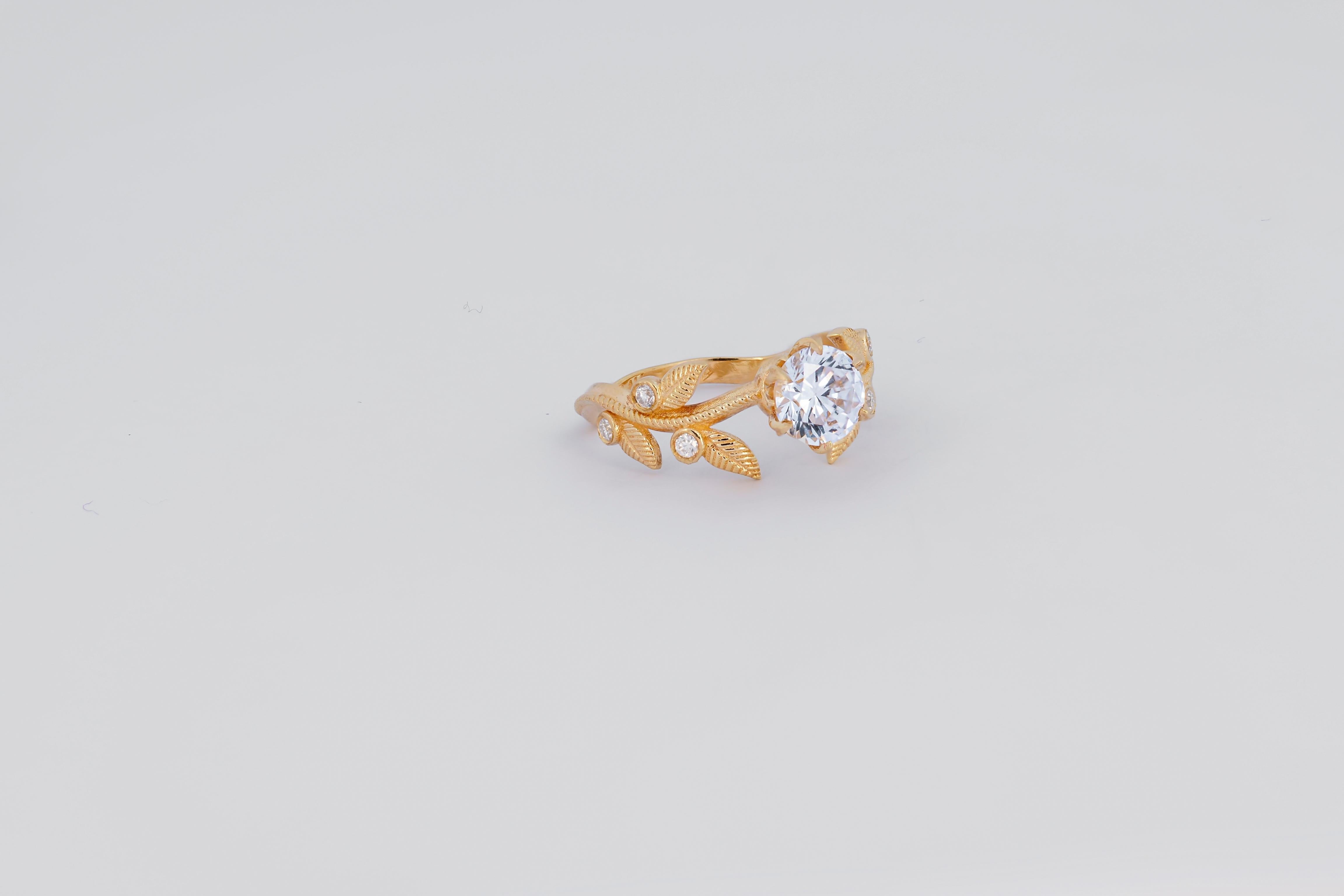 For Sale:  Flora engagement ring with with round moissanite in 14k gold. 7