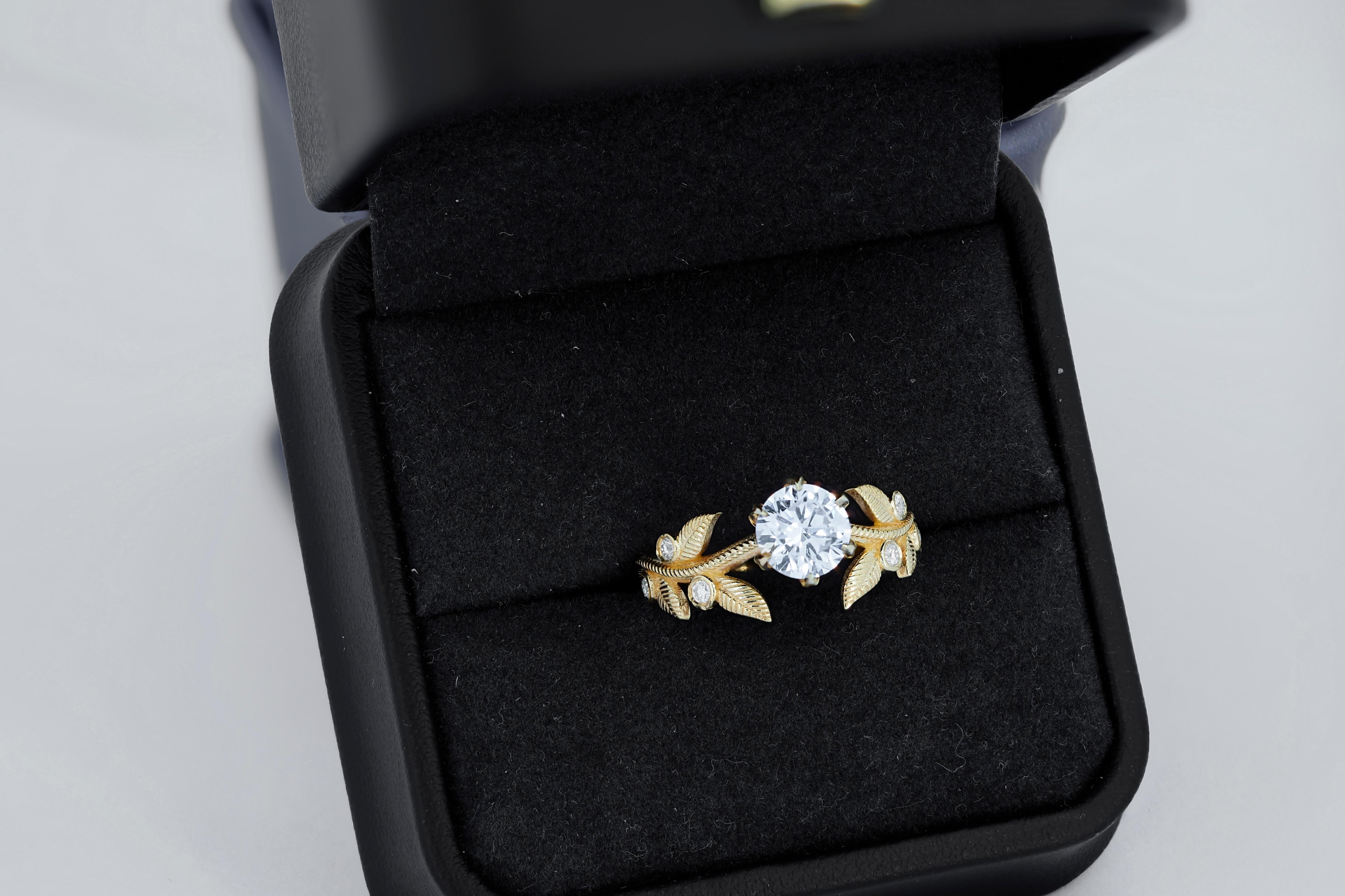Flora engagement ring with with round moissanite in 14k gold For Sale 2