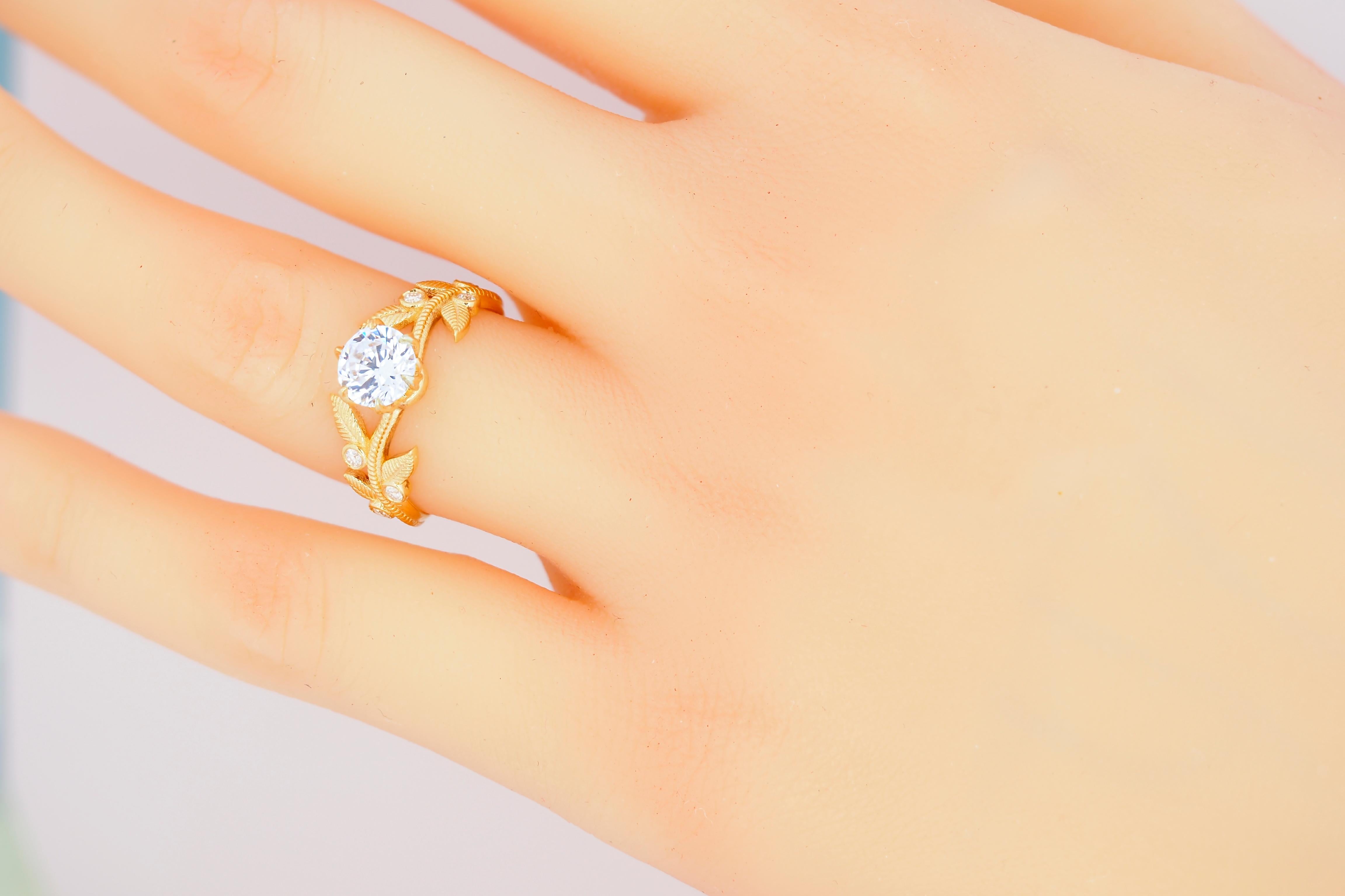 For Sale:  Flora engagement ring with with round moissanite in 14k gold. 9
