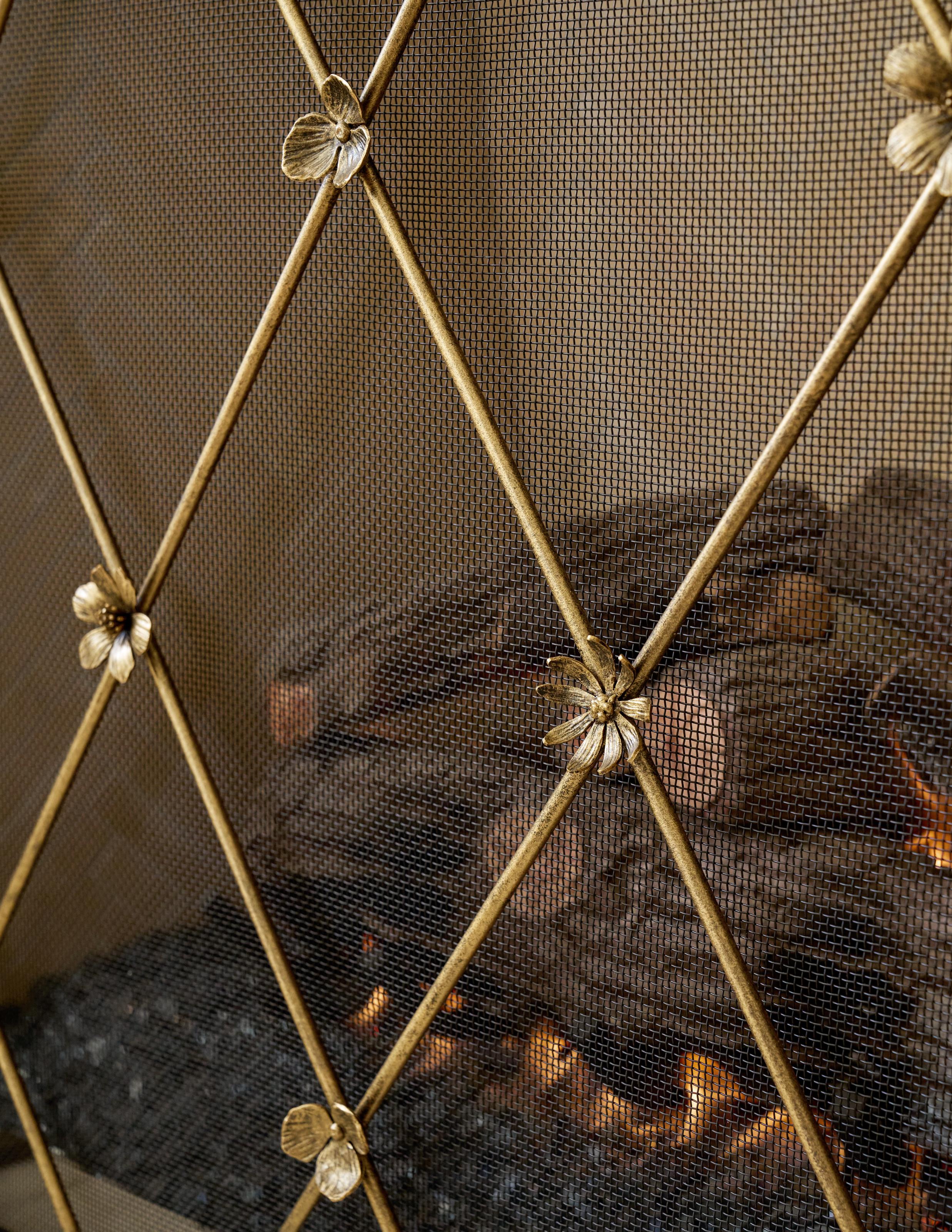Iron Flora Fireplace Screen in Brilliant Gold For Sale