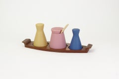 Flora Gouda Modernist Eathenware Condiment Set with Teak Stand, 1950s