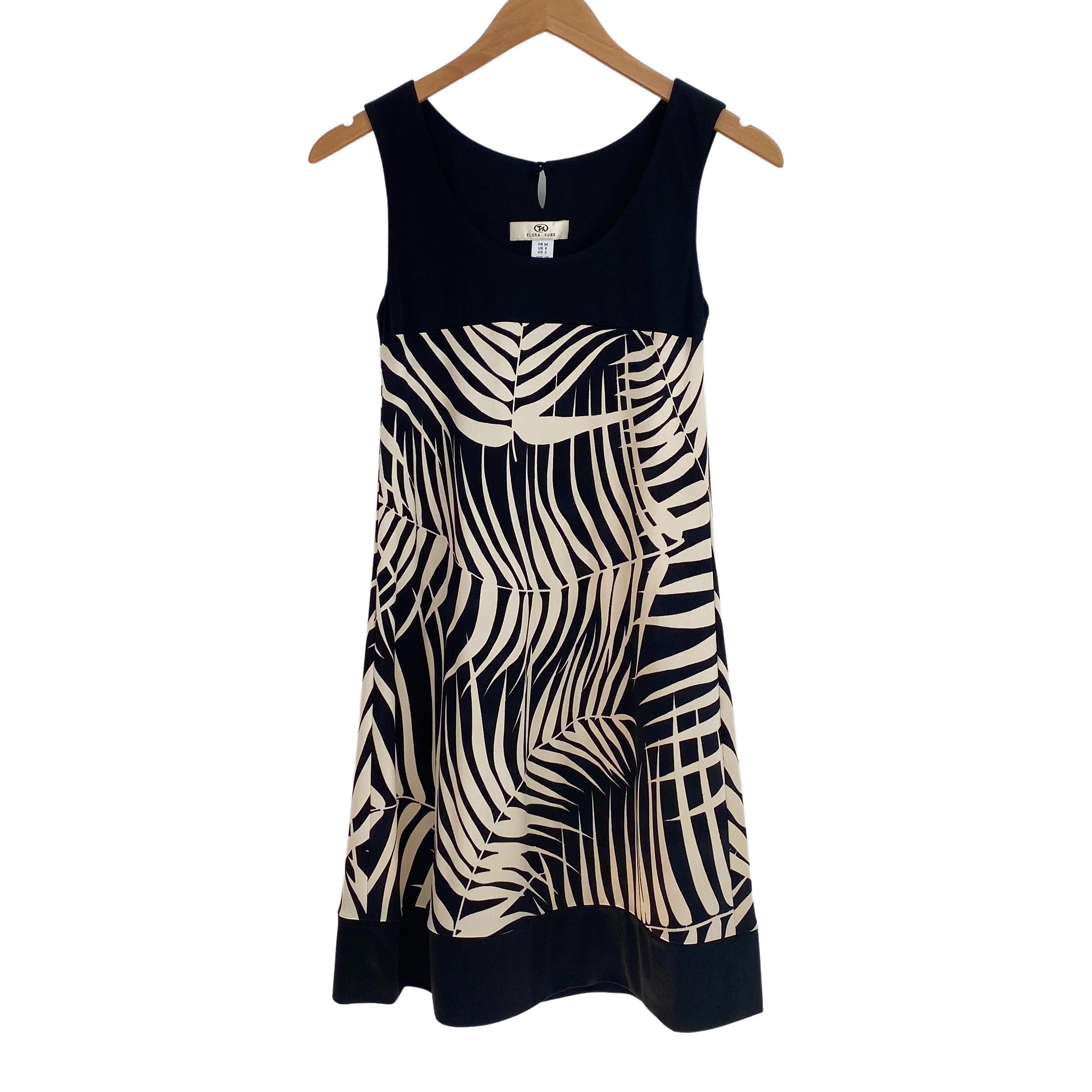 Women's FLORA KUNG Black Ecru Fern Print Silk Tank Mini Dress NWT For Sale