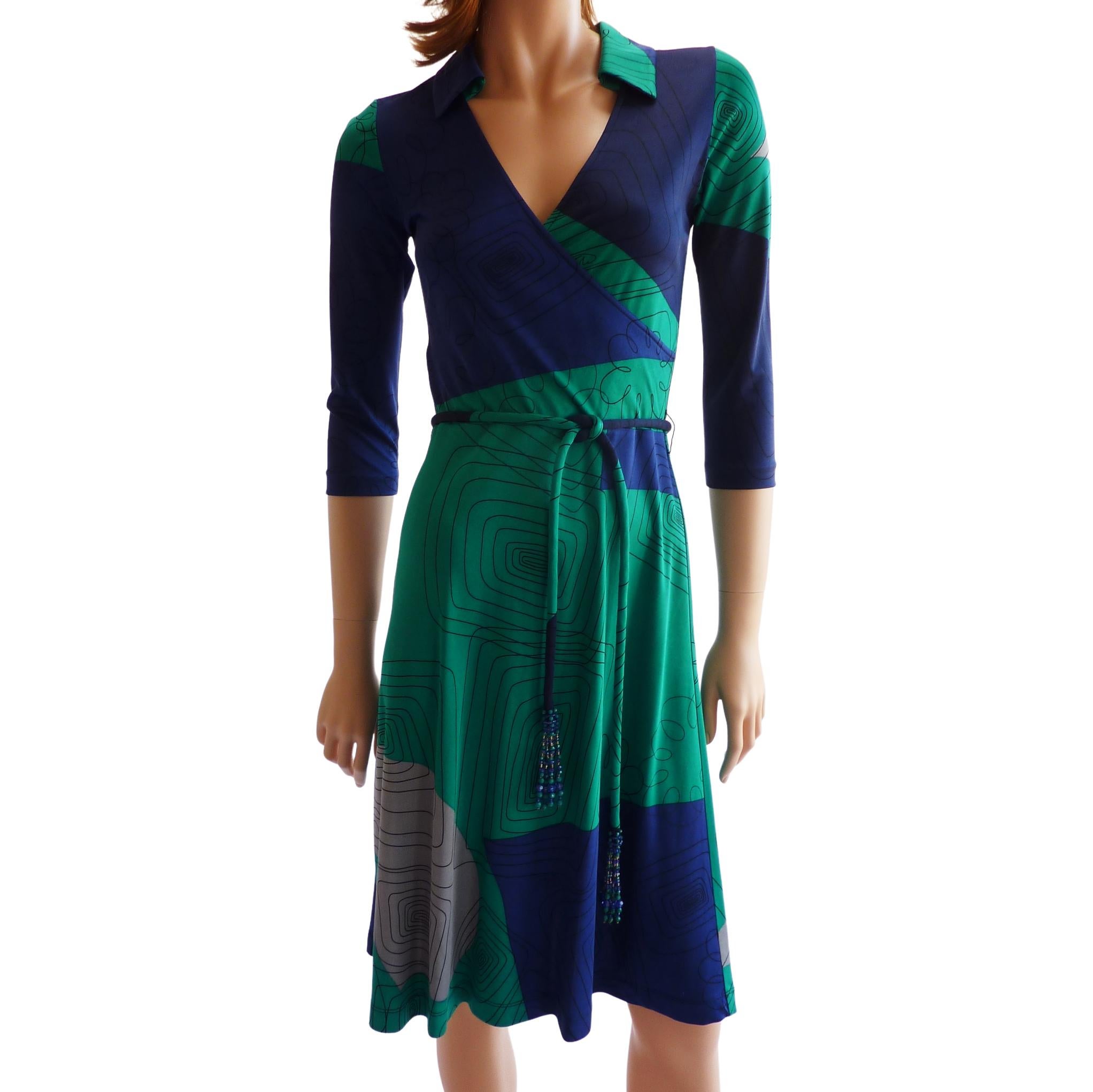 Women's Flora Kung Blue Jade Mock Wrap silk shirt dress + detachable cord belt NWT  For Sale