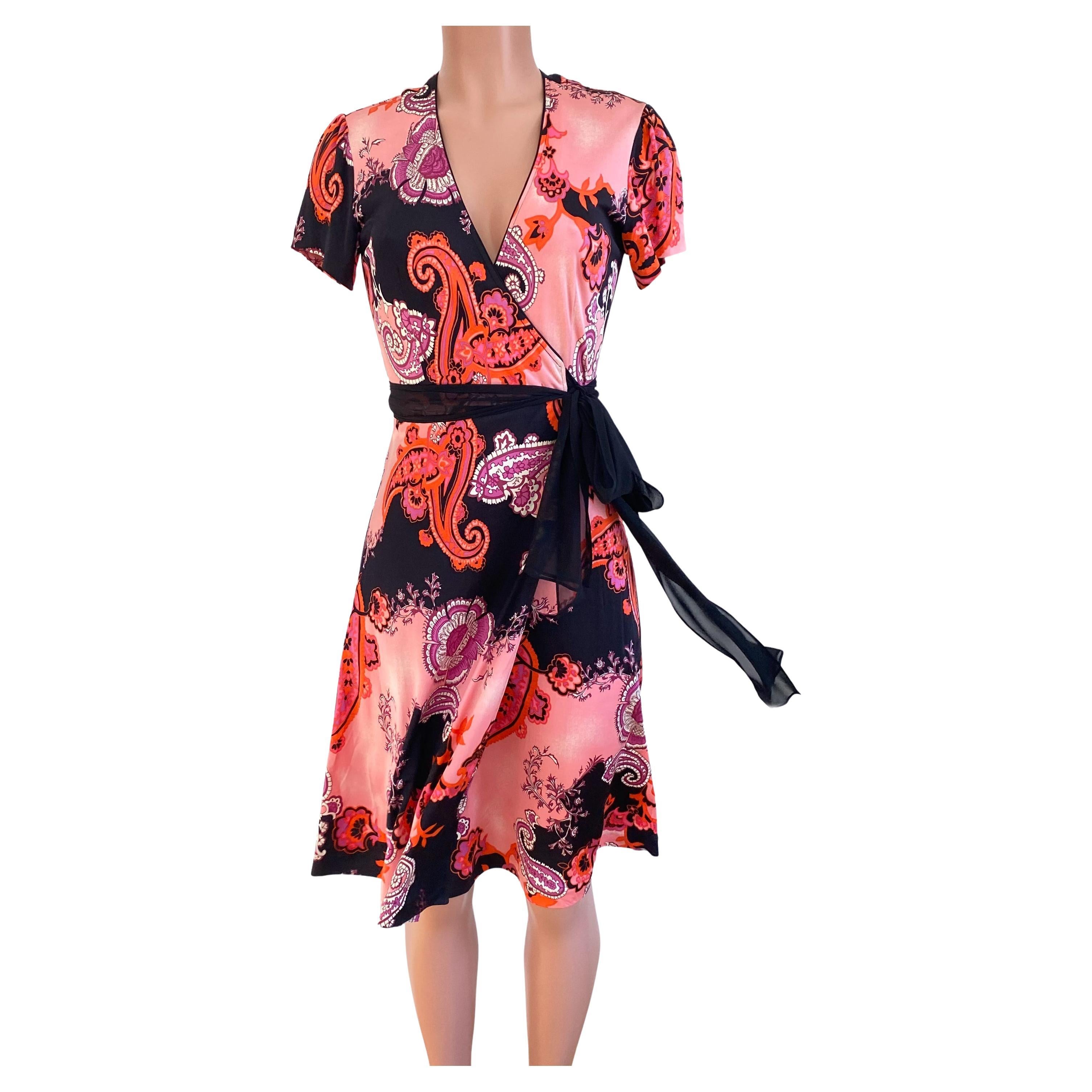 FLORA KUNG Boho Pink Black Print NWT Silk Wrap Dress  For Sale