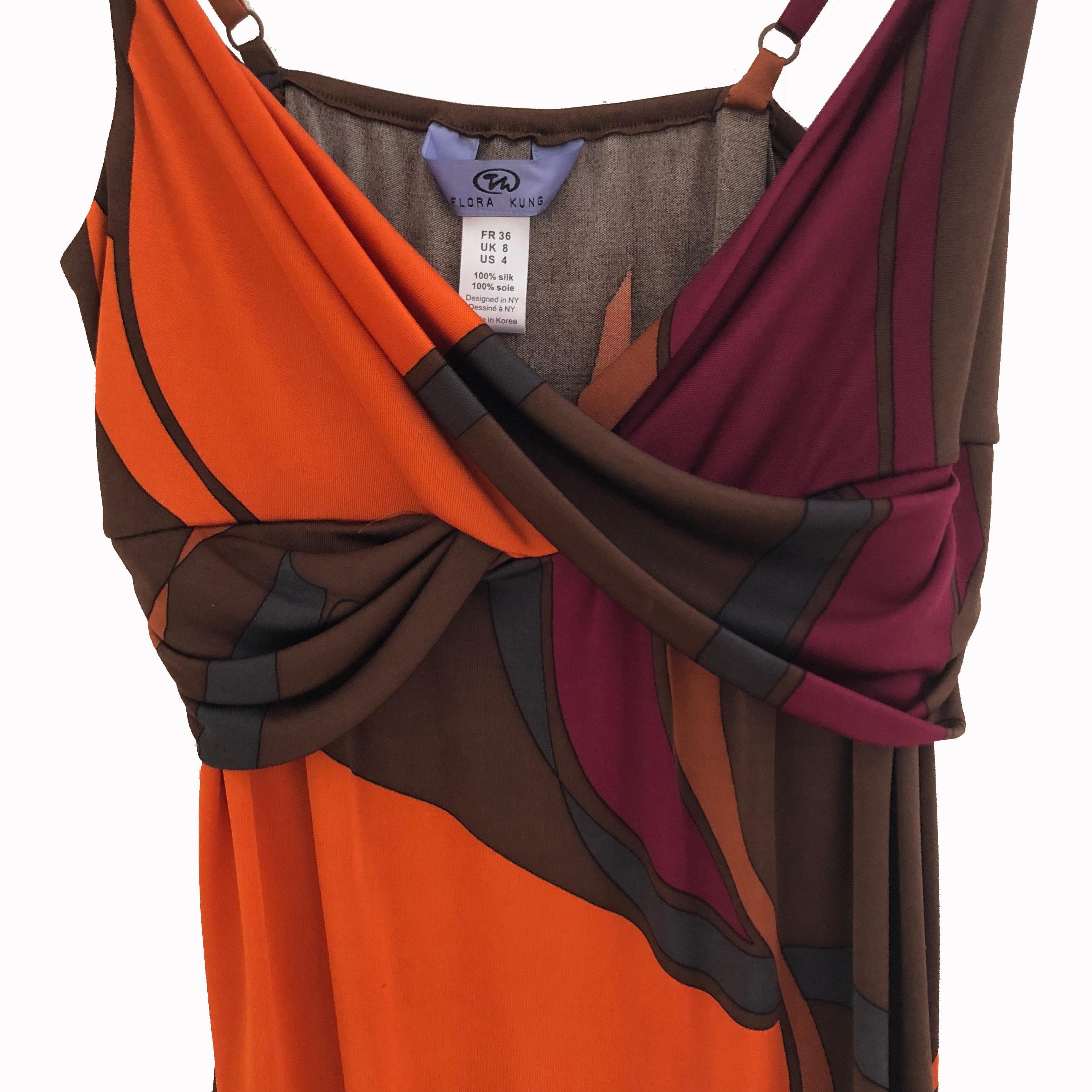 Women's FLORA KUNG Orange Print Mini Silk Cami Dress NWT For Sale