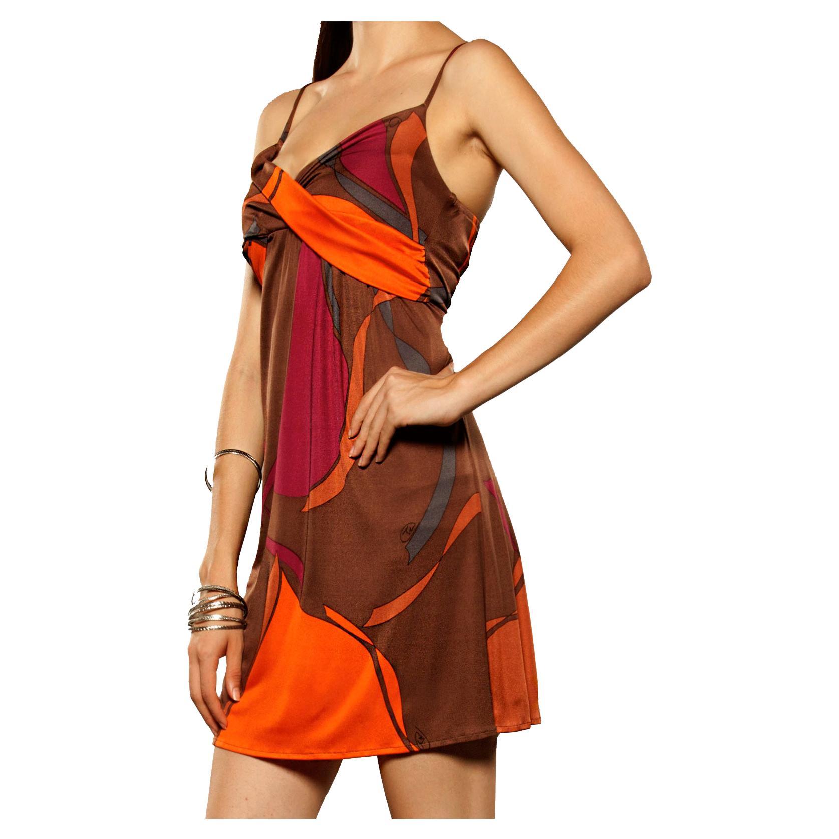 FLORA KUNG bronze orange print fold-over spaghetti dress For Sale