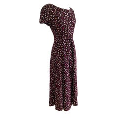 Flora Kung Black Burgundy Tiny Floral Printed Silk Crepe Dress