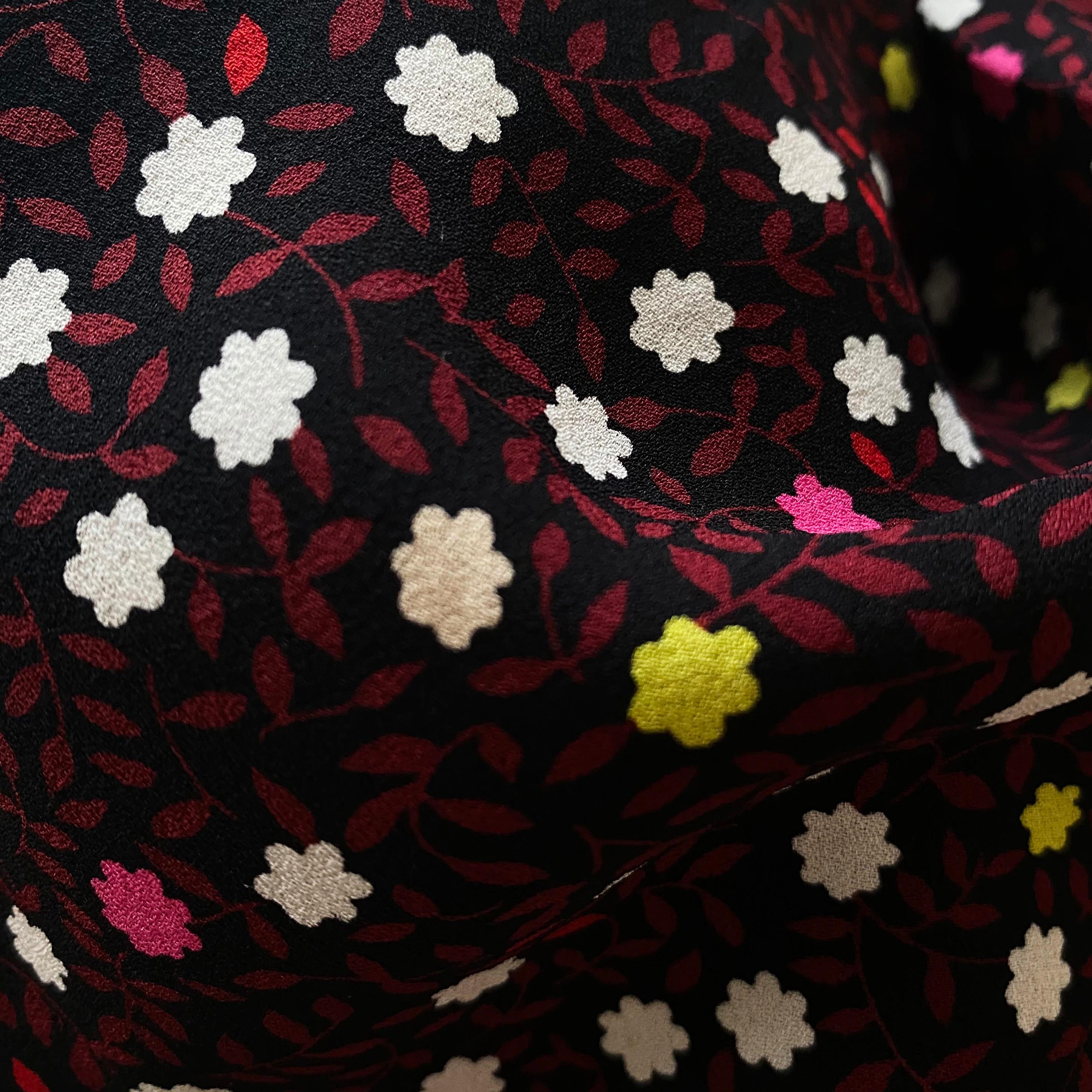 Flora Kung Black Burgundy Tiny Floral Printed Silk Crepe Dress In New Condition For Sale In Boston, MA