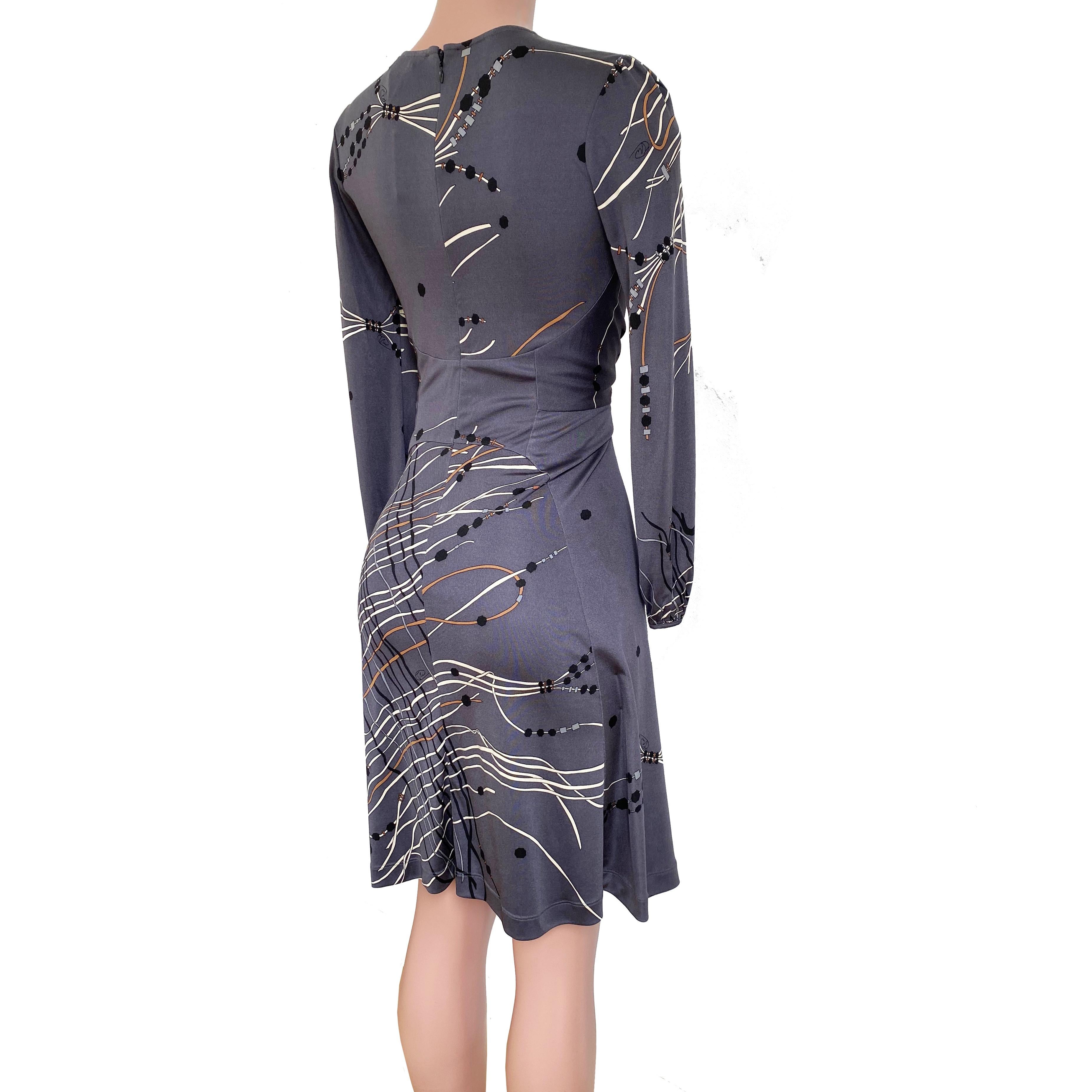 Flora Kung Gray Japanese Tassel Print  Plunge-V Silk Dress NWT In New Condition For Sale In Boston, MA