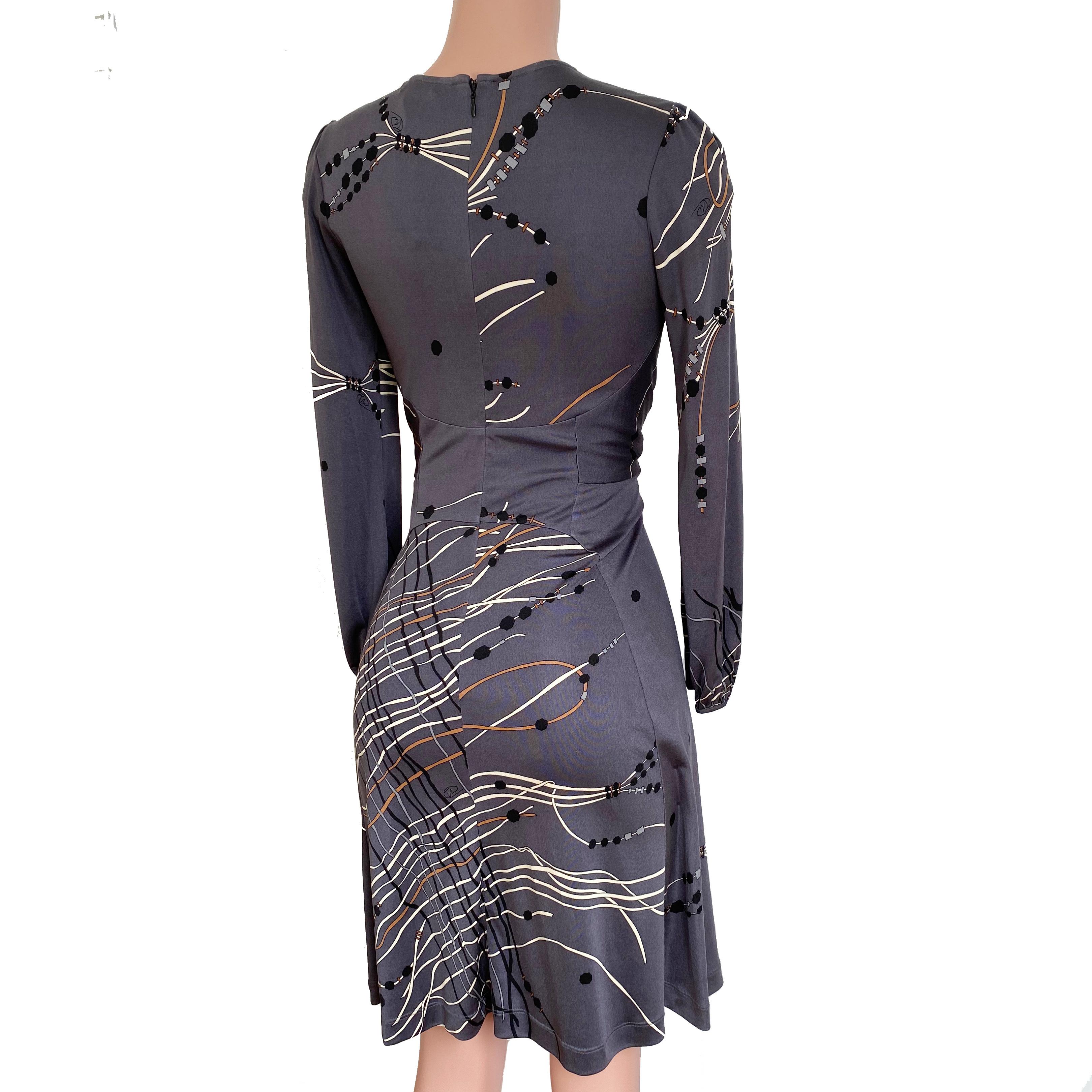 Flora Kung Gray Japanese Tassel Print  Plunge-V Silk Dress NWT For Sale 3