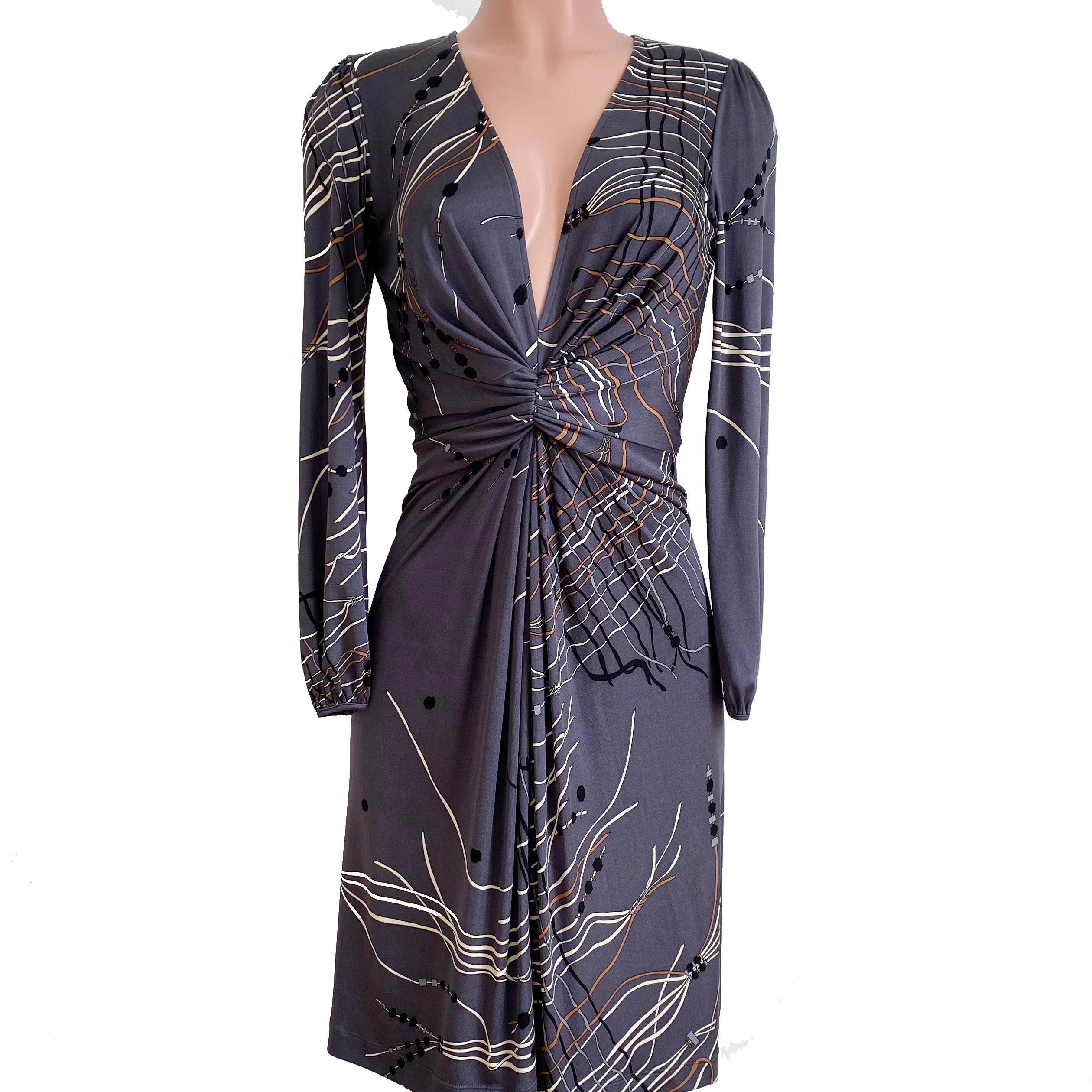 Women's Flora Kung Gray Japanese Tassel Print  Plunge-V Silk Dress NWT For Sale