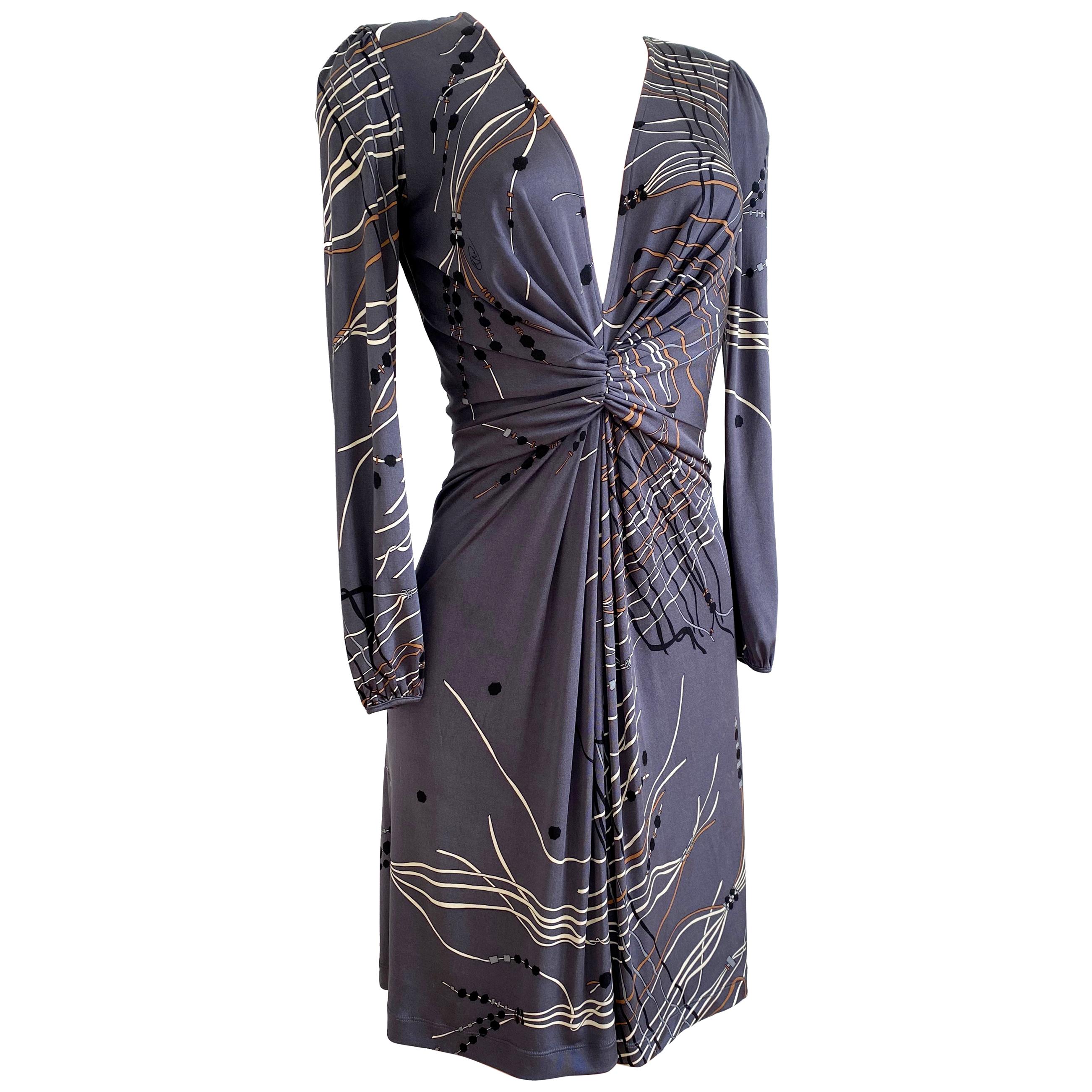 Flora Kung Gray Japanese Tassel Print  Plunge-V Silk Dress NWT For Sale
