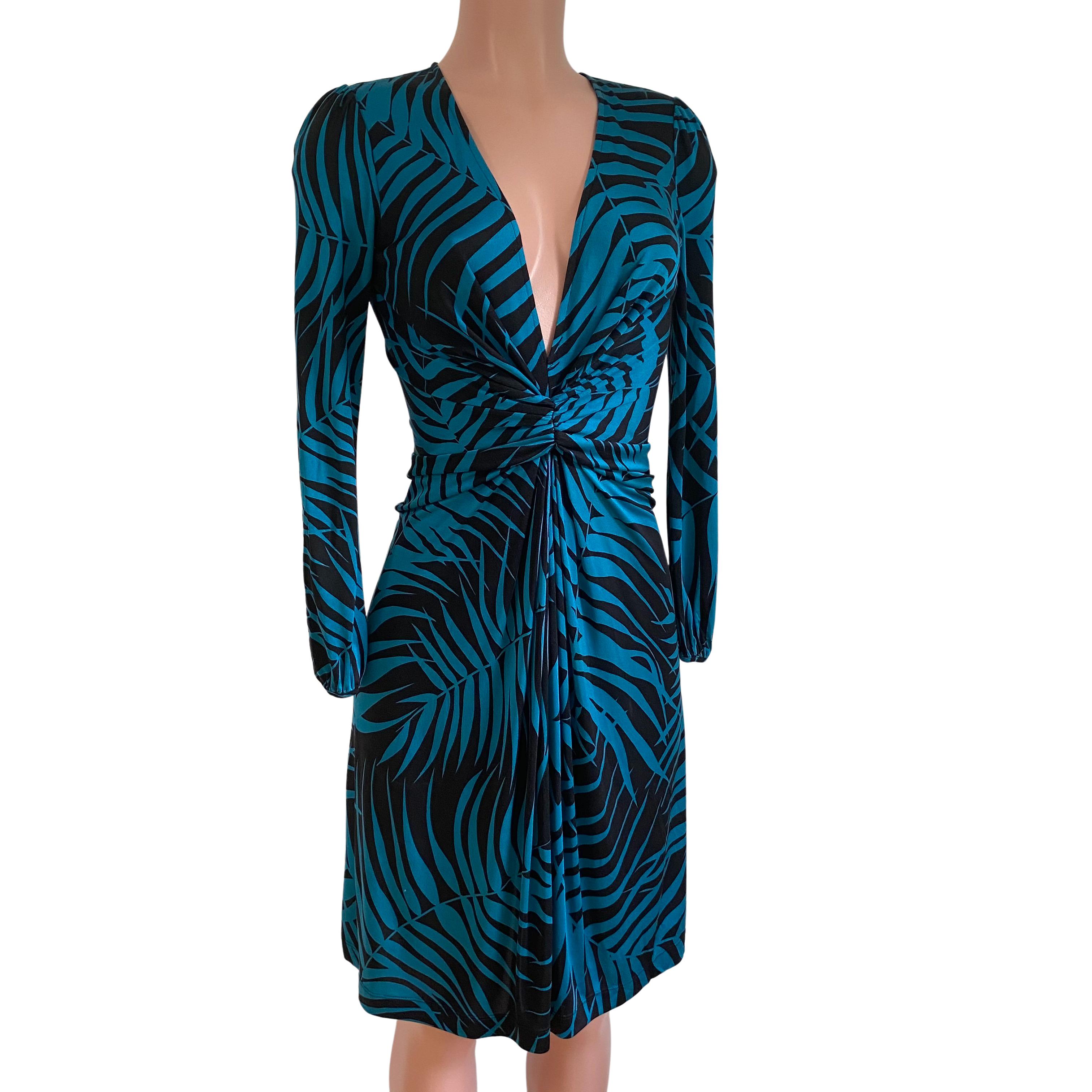 Blue Flora Kung Deep Plunge V-neck Twist Front Teal Fern Print Silk Dress For Sale