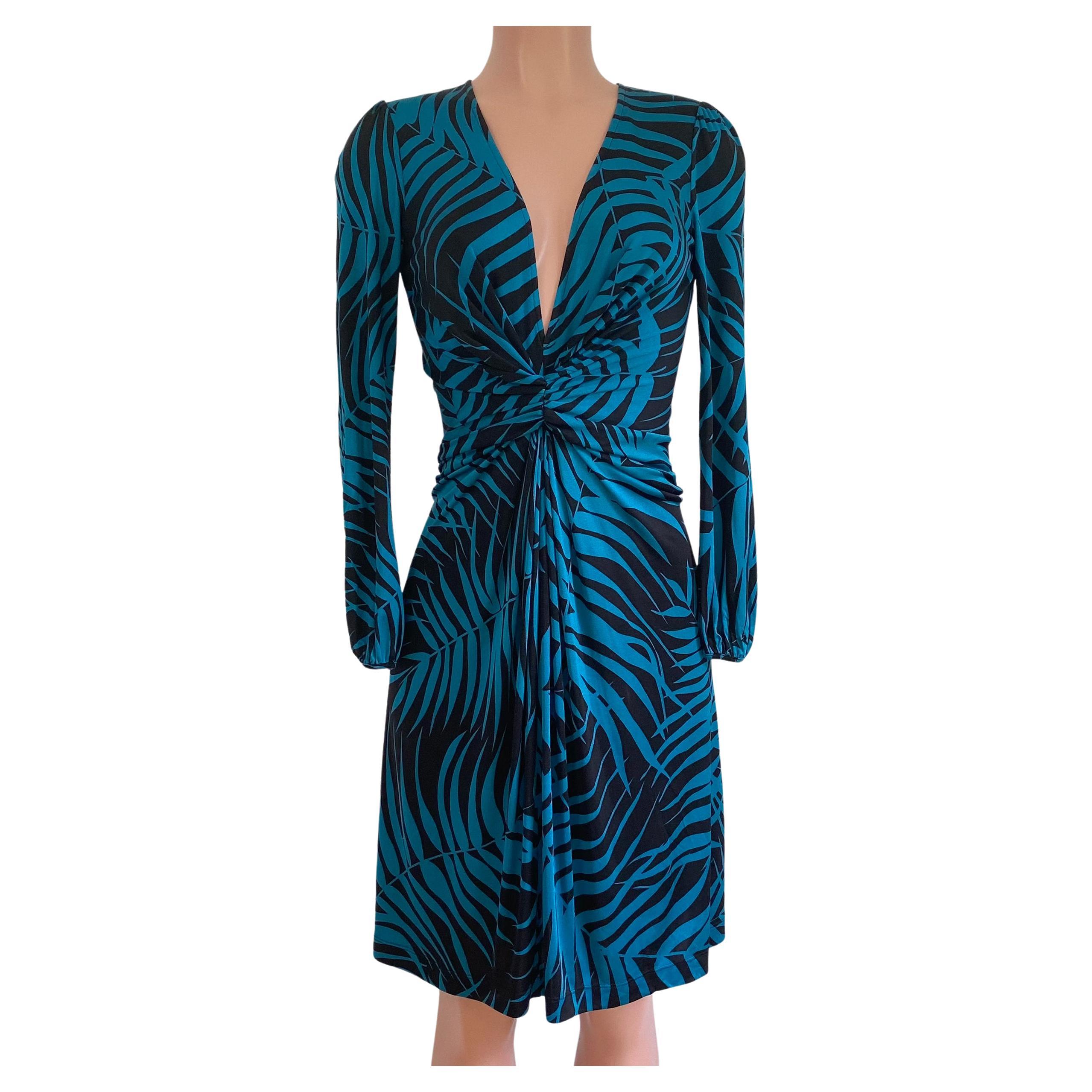 Flora Kung Deep Plunge V-neck Twist Front Teal Fern Print Silk Dress For Sale