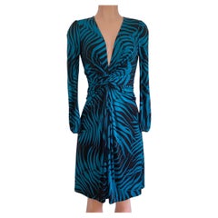 Flora Kung Deep Plunge V-neck Twist Front Teal Fern Print Silk Dress
