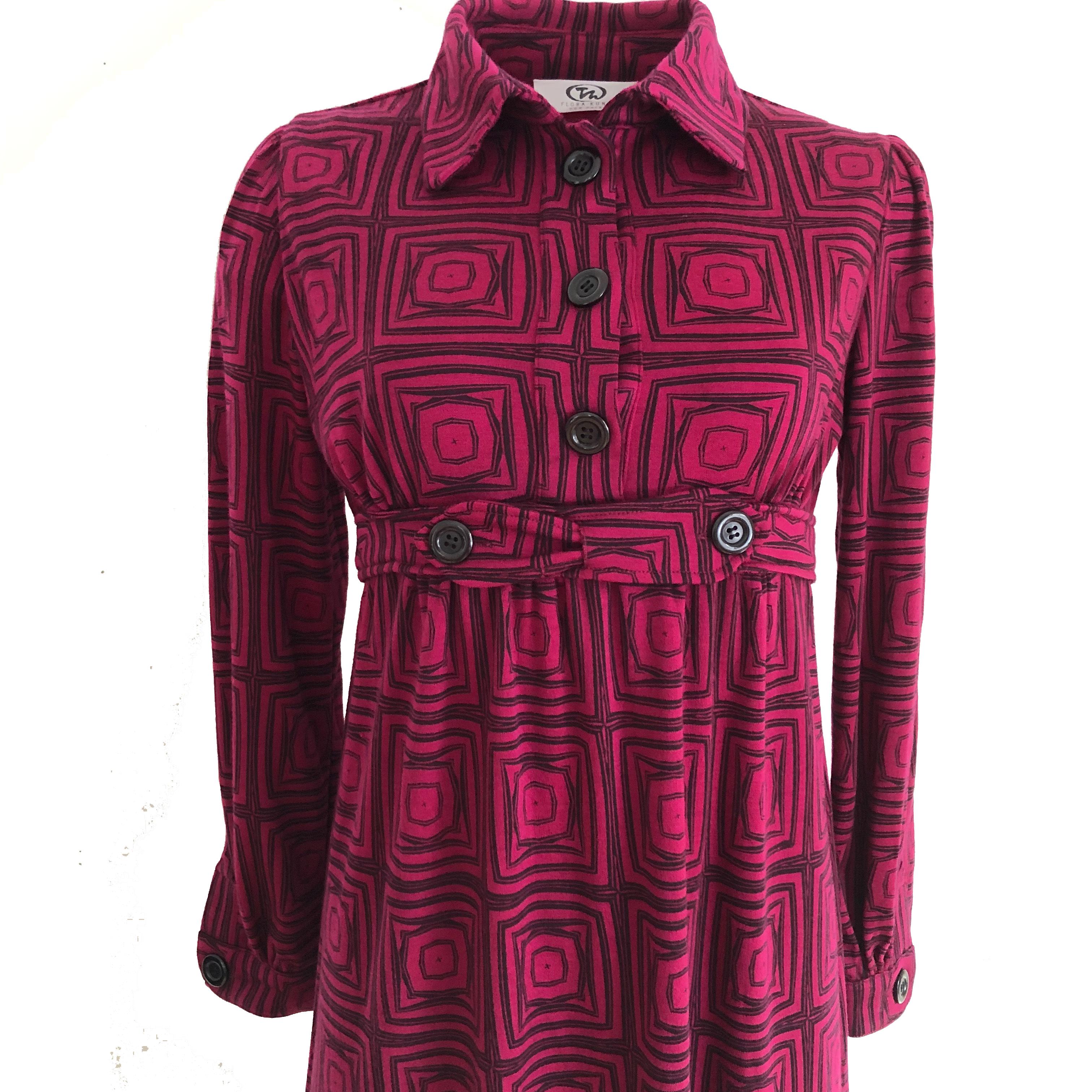 Never-before-available is this chic and warm Flora Kung 100% wool jersey dress with tons of subtle details, including very slight empire waist and inseam POCKETS!

Made in the designer's hand created original print and hand-mixed , this refined,