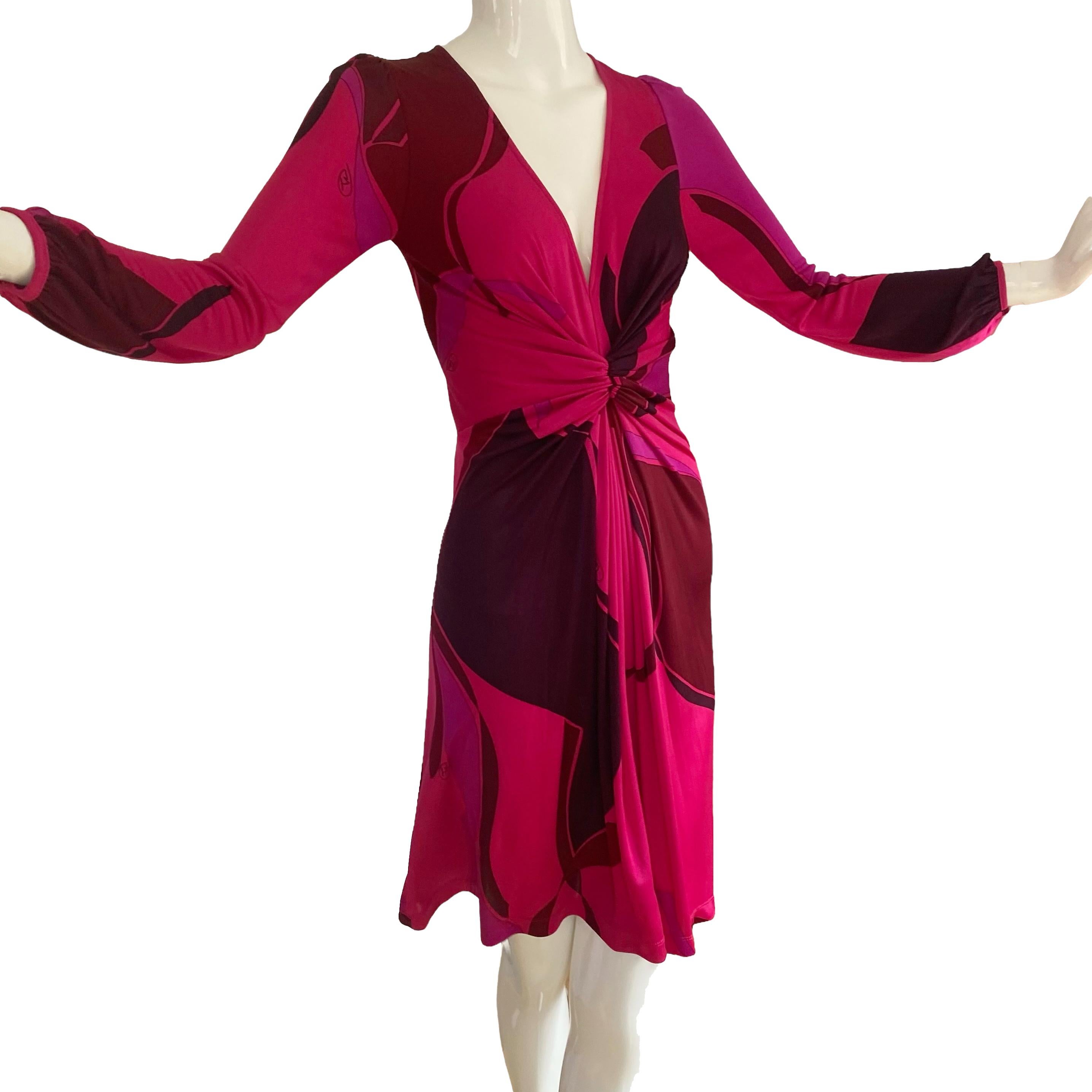 Red Flora Kung Deep Pink Plunge-V Silk Jersey Twist Print Dress NWT For Sale