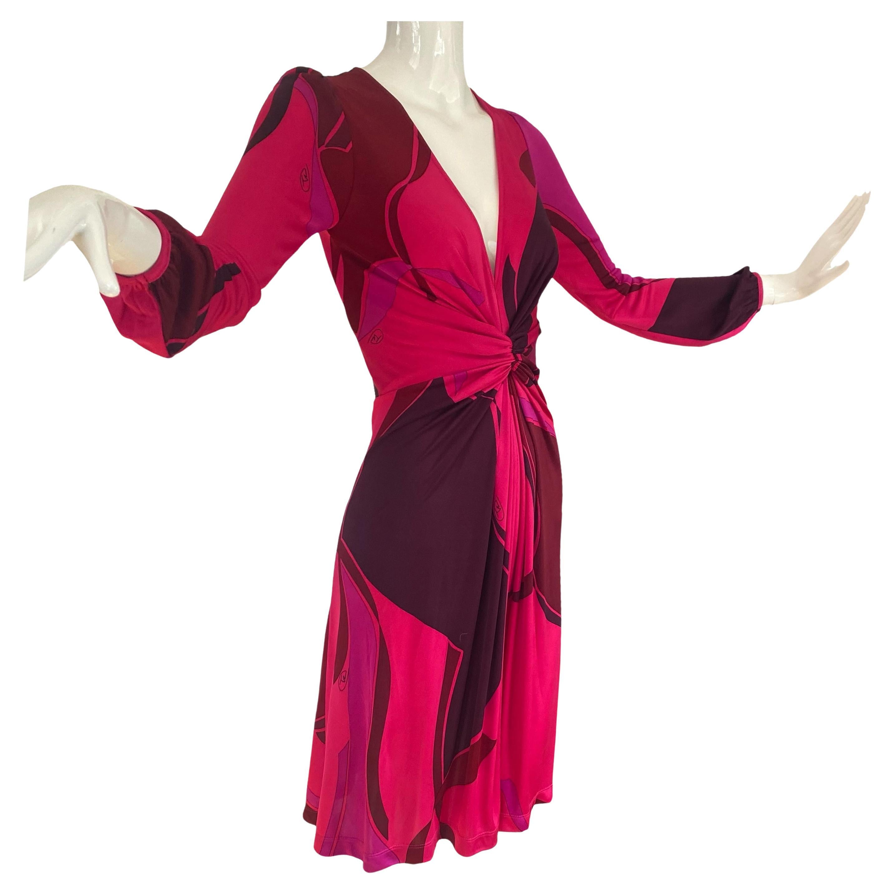 Flora Kung Deep Pink Plunge-V Silk Jersey Twist Print Dress NWT For Sale
