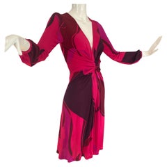 Flora Kung Deep Pink Plunge-V Silk Jersey Twist Print Dress NWT